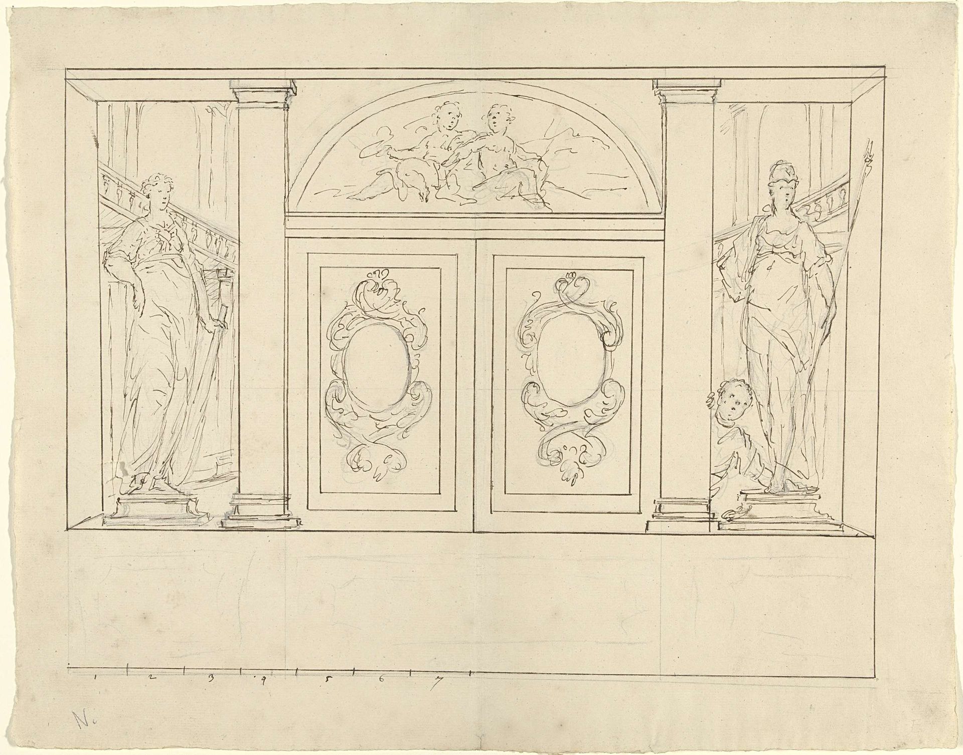 Ontwerp voor de decoratie van een door pilasters gelede wand met dubbele deur by Dionys van Nijmegen