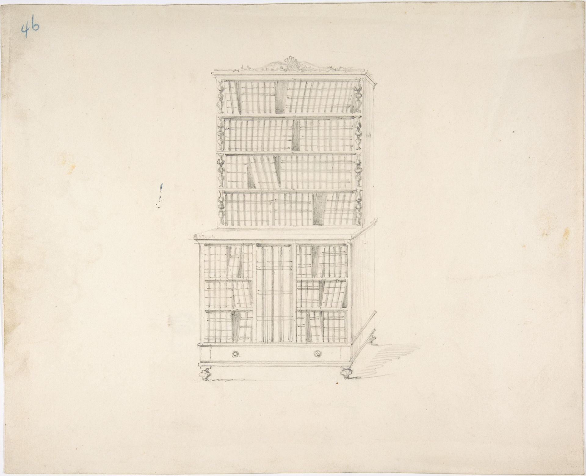 Design for a Two Tiered Book Cabinet with Turned Feet and Ornament (Verso: sketch) by Anonymous