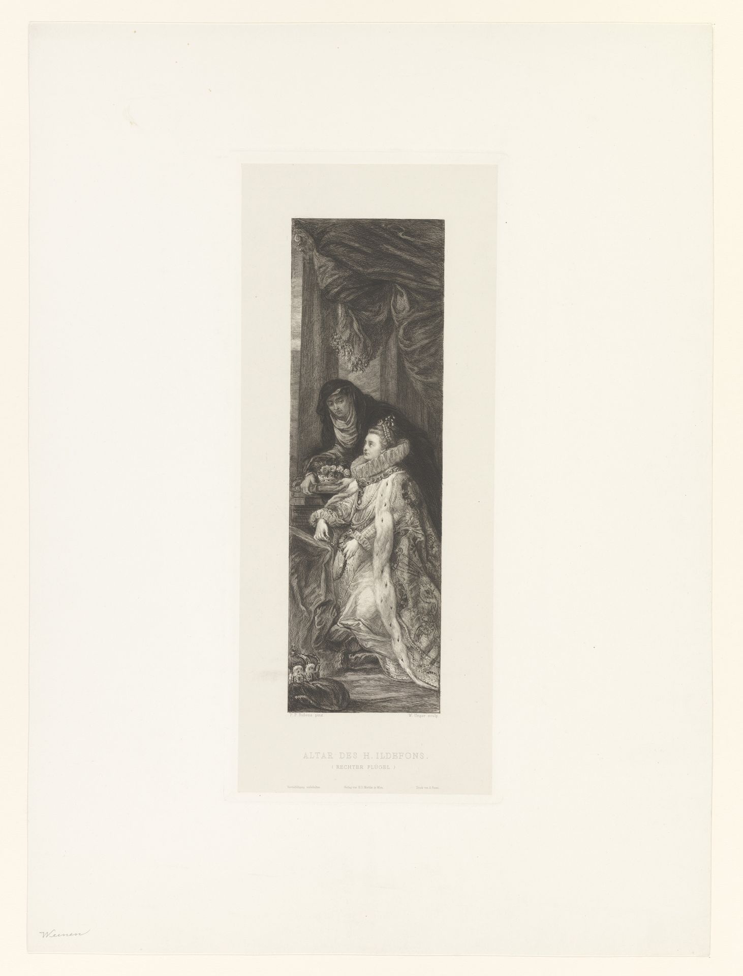 Rechtervleugel van het altaar van Ildefonso: Isabella Clara Eugenia van Spanje met haar patroonheilige Elisabeth van Hongarije by William Unger