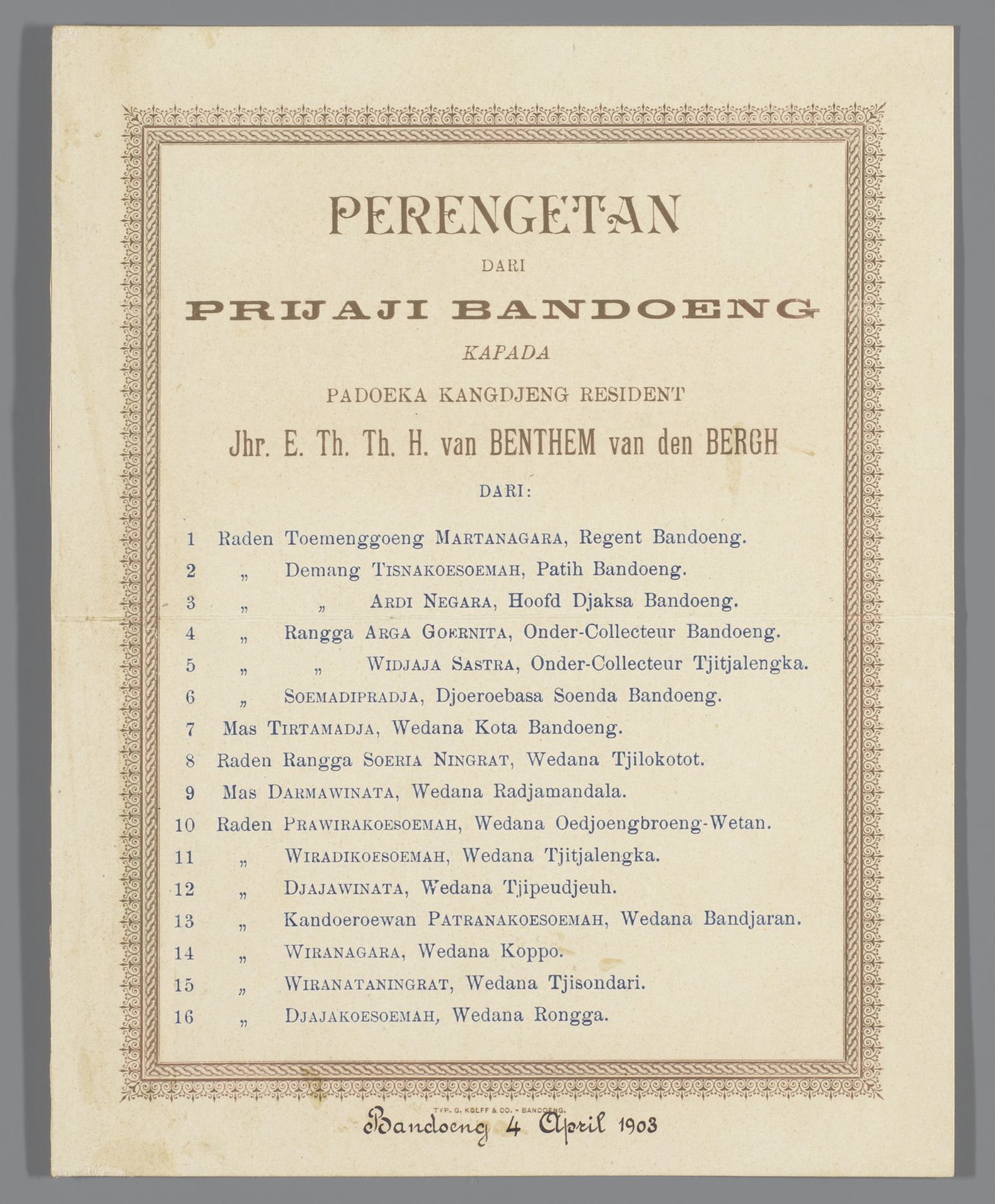 Perengetan dari prijaji Bandoeng kapada padoeka kangdjeng resident Jhr. E.Th.H. van Benthem van den Bergh by G. Kolff & Co