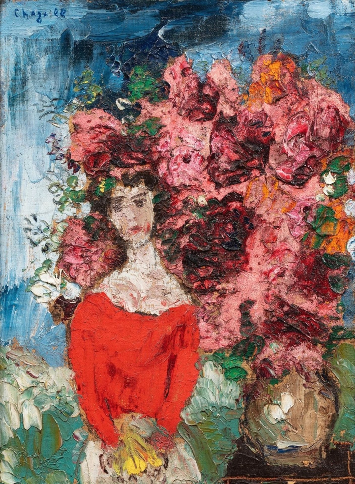Fille au corsage rouge et bouquet by Marc Chagall