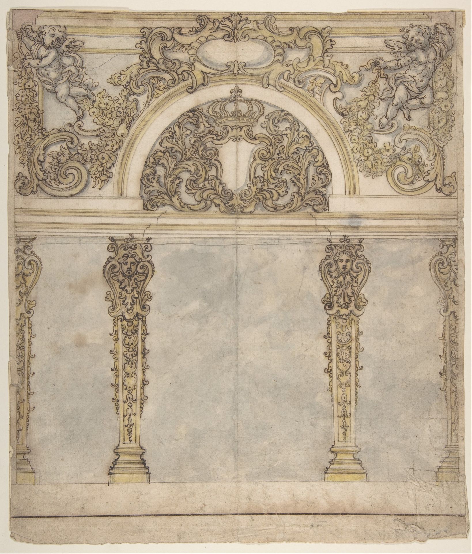 Design for an Alcove with a Coat of Arms Flanked by Putti Bearing a Crown, Supported by Pilasters with Human Heads in Capitals by Giovanni Battista Foggini