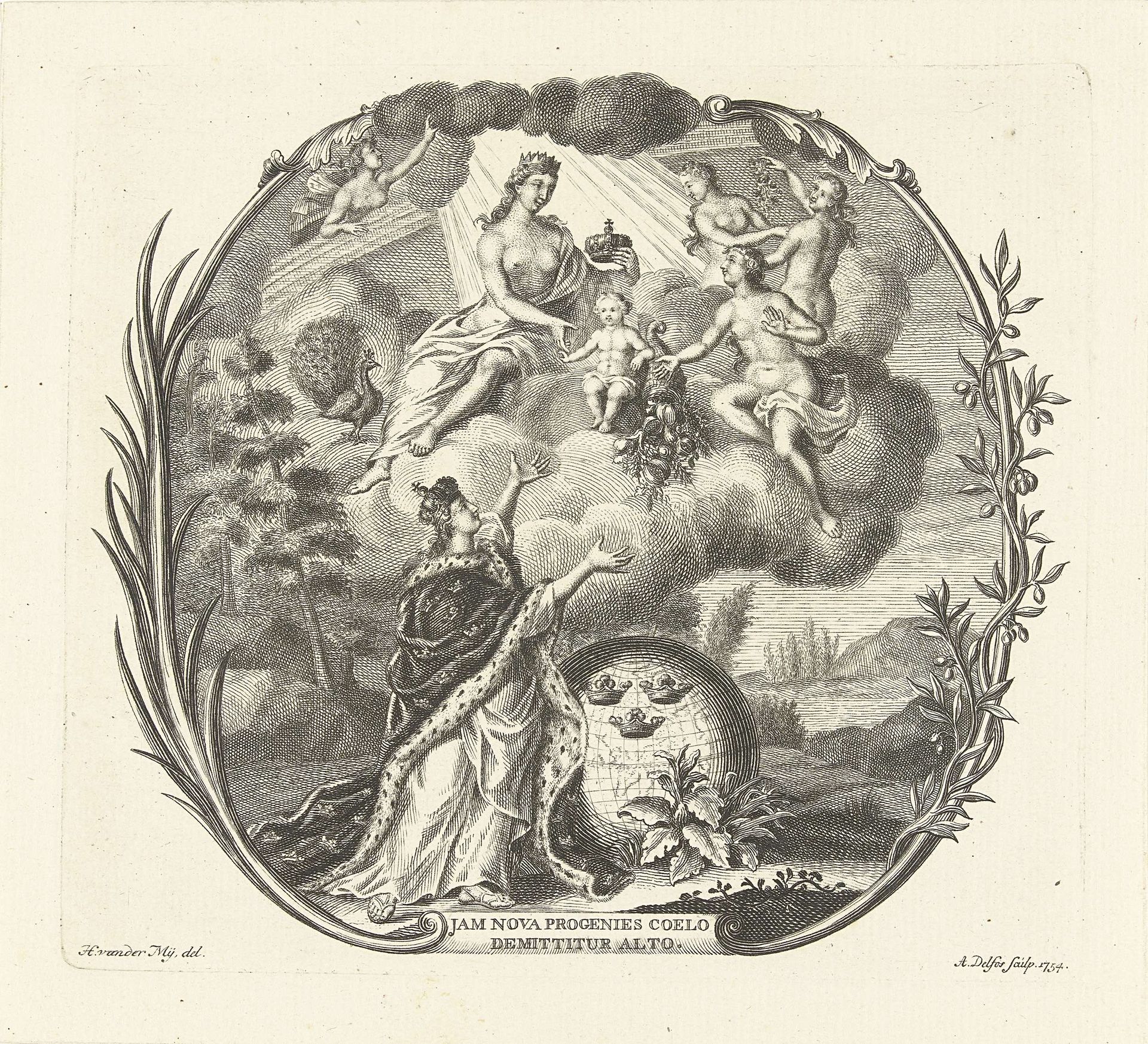 Allegorie op de geboorte van een kind met Juno en Overvloed by Abraham Delfos