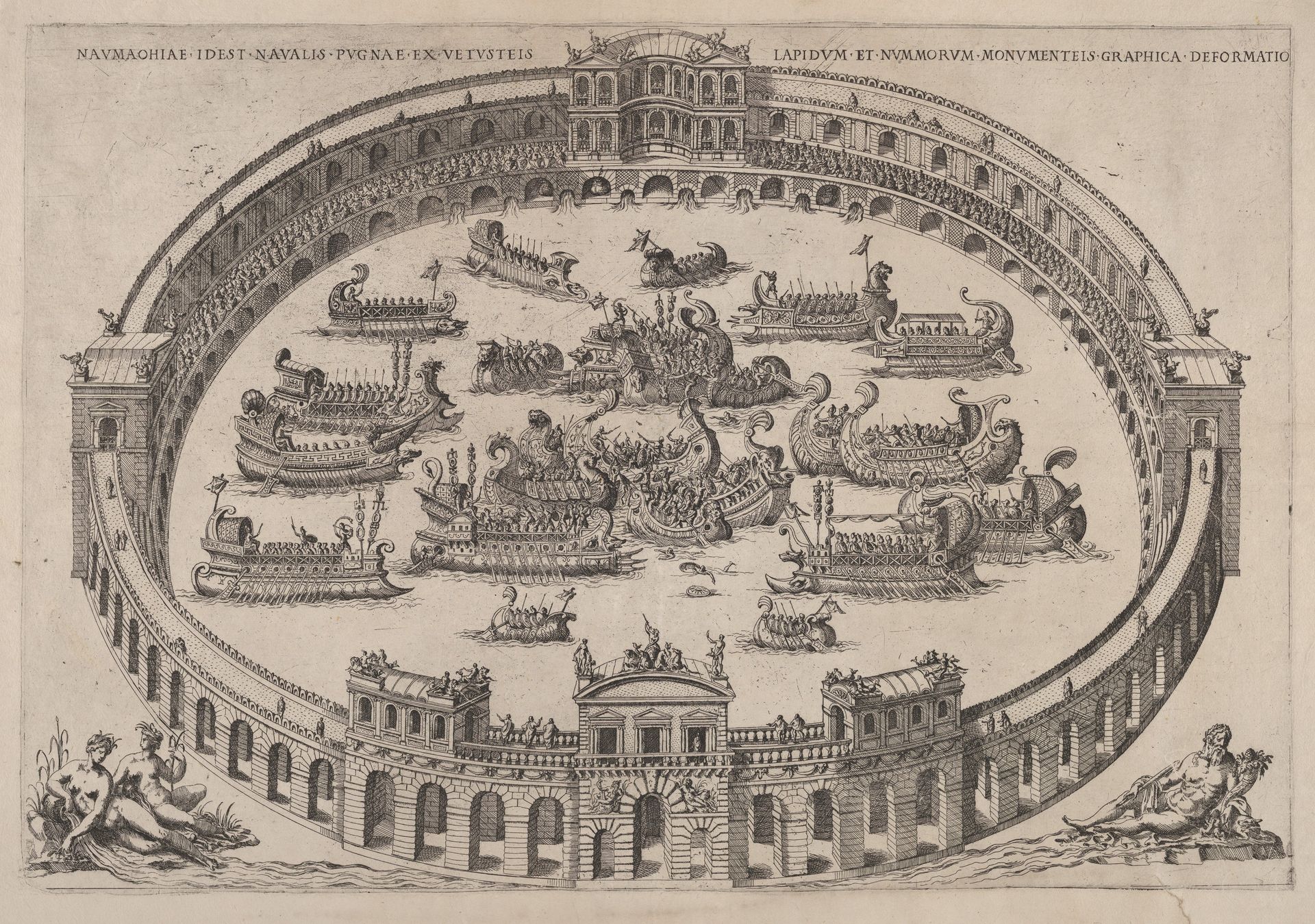 Naval engagement set inside a Roman arena,  with the river Tiber and nymphs at lower left and right by Étienne Dupérac