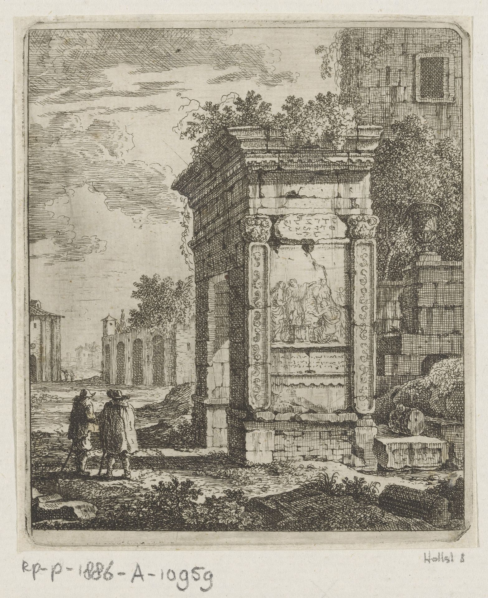 Twee mannen naast de ruïne van een poort in Rome by Johann Franz (der Ältere) Ermels
