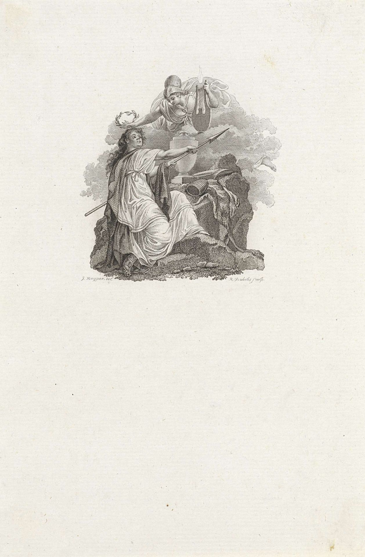 Vignet met een vrouw met lans gekroond met lauwerkrans by Reinier Vinkeles