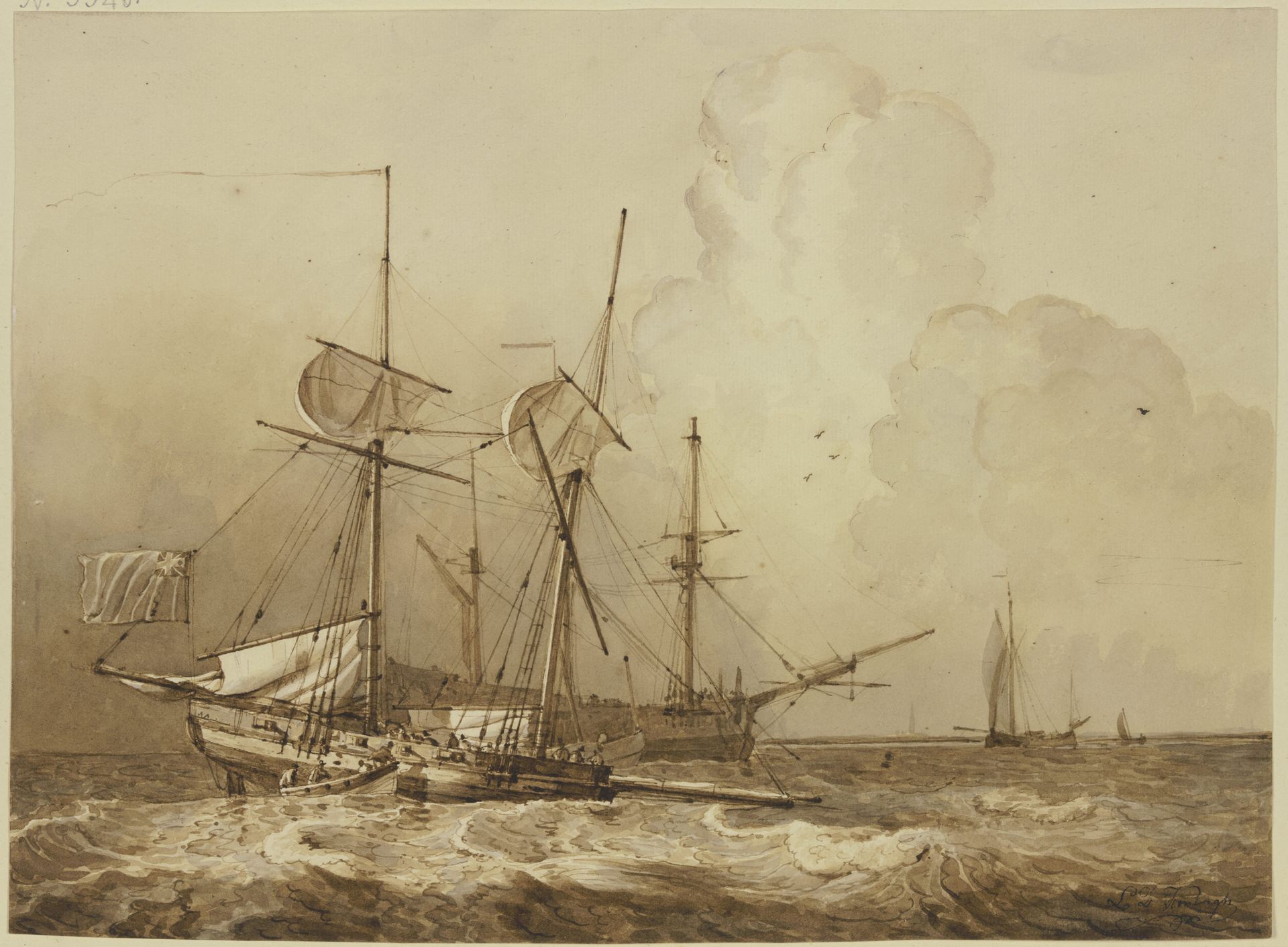 Bewegte See, ein zweimastiges Schiff segelt nach rechts an einem Dreimaster vorbei, der die Segel eingerefft hat by Leendert de Koningh