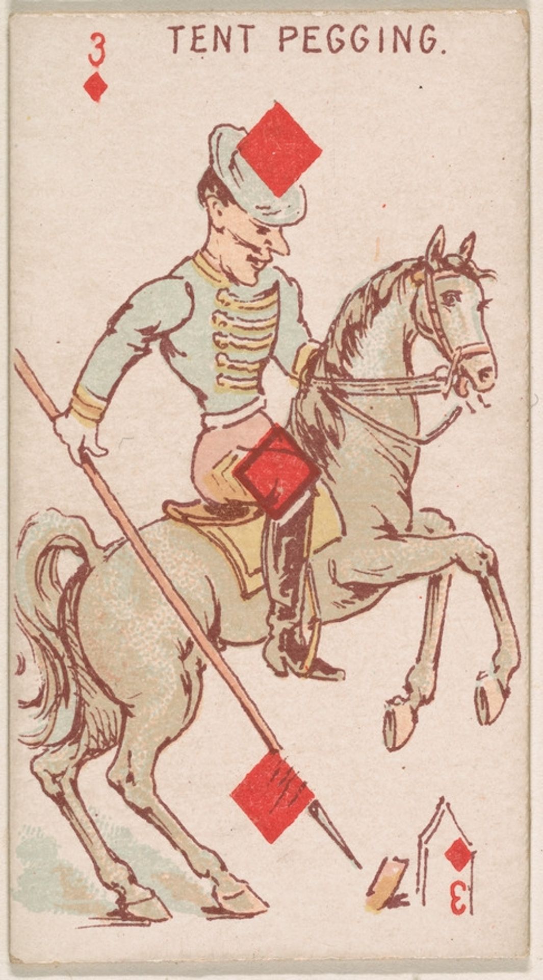 Three of Diamonds, Tent Pegging, from Harlequin Cards, 2nd Series (N220) issued by Kinney Bros. by Kinney Brothers Tobacco Company