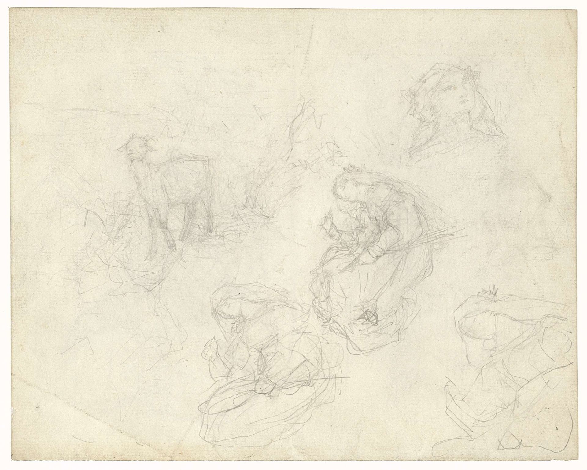 Drie studies voor een landschap met een meisje en twee geitjes by Matthijs Maris