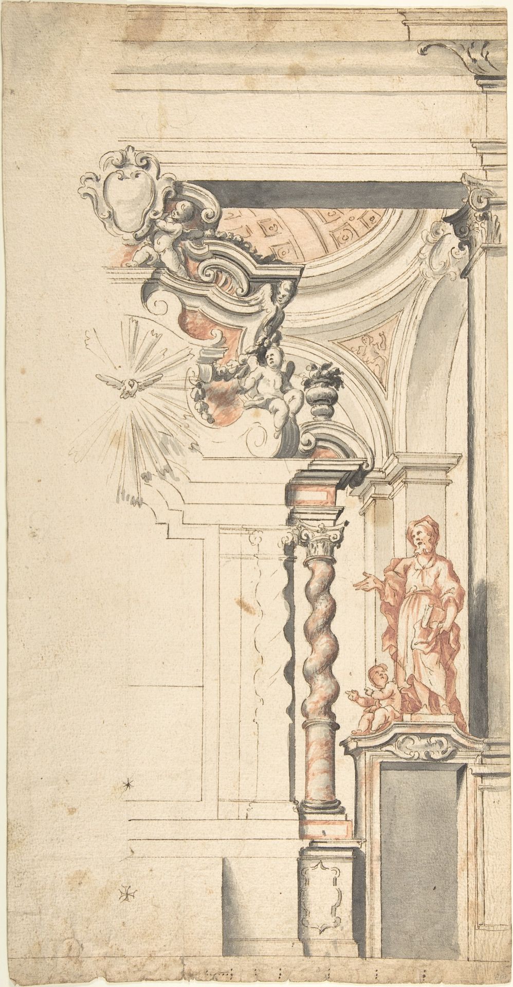 Design for One Half a Chapel with the Dove of the Holy Ghost above the Main Altar, and a Statue of an Evangelist at right. by Anonymous