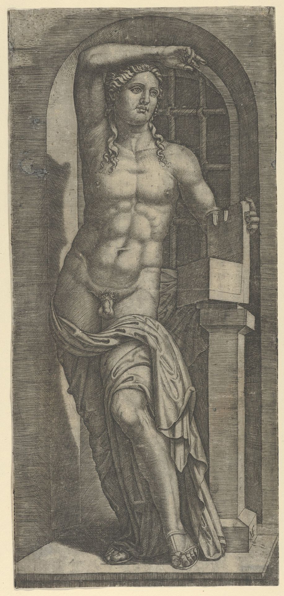 Apollo partly naked standing in a niche, left hand resting on an open box by Marcantonio Raimondi