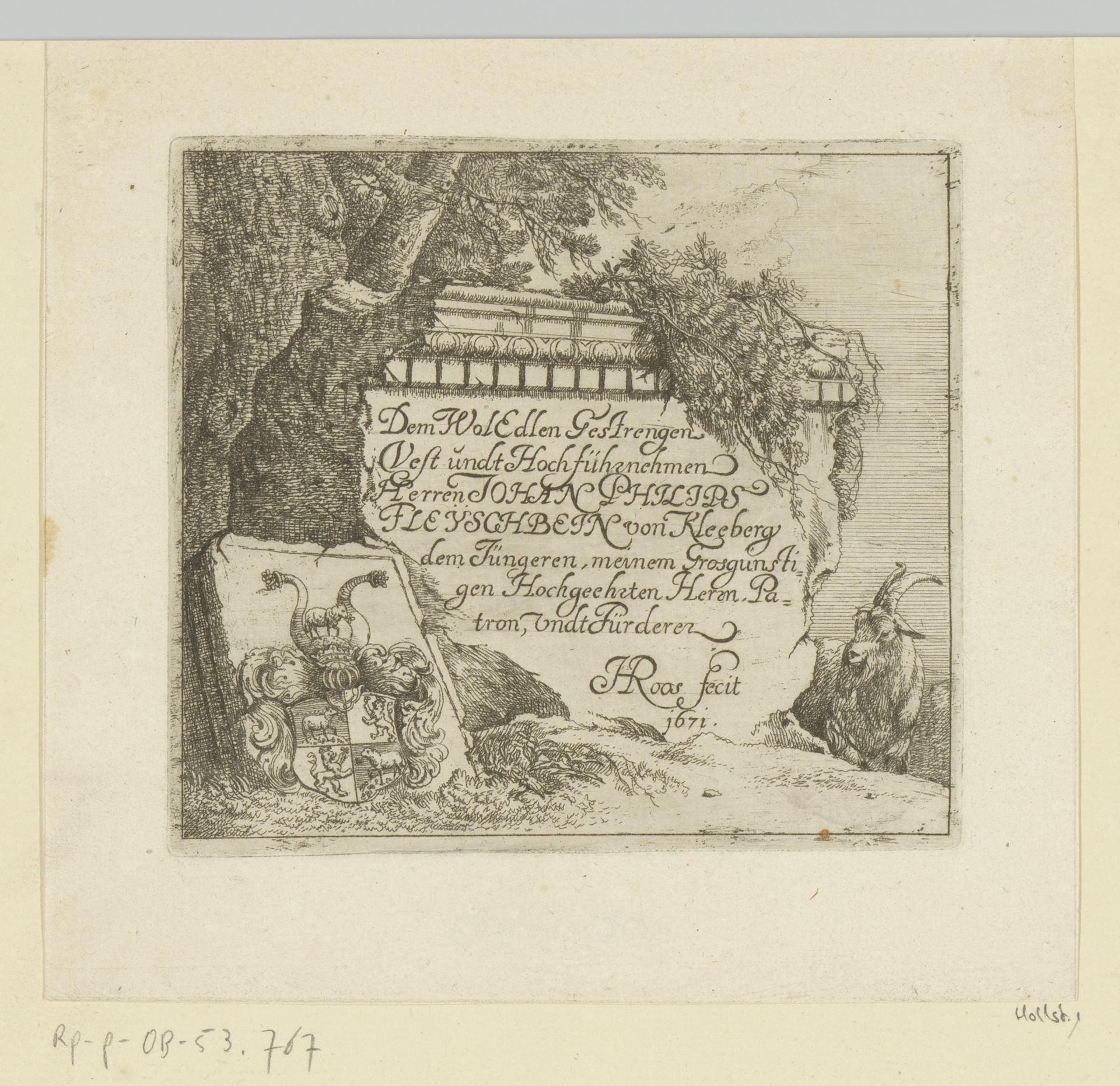 Titelprent met familiewapen in een landschap met geit by Johann Heinrich Roos
