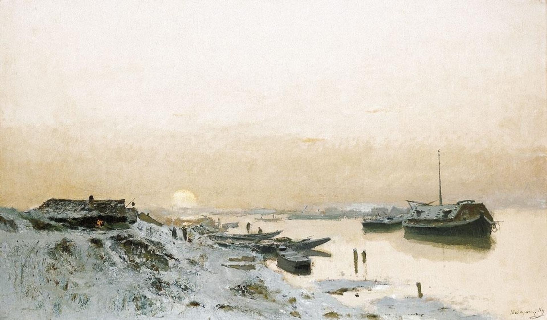Sunrise in the Snowy Riverside by Laszlo Mednyanszky