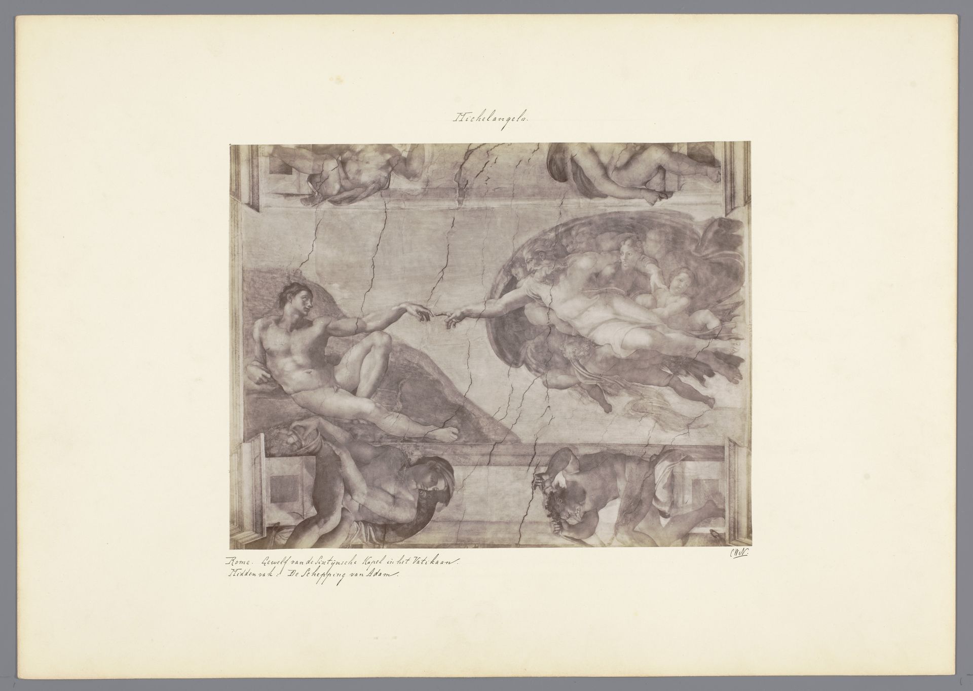 Fotoreproductie van het fresco De schepping van Adam, geschilderd door Michelangeo in de Sixtijnse Kapel in Rome by Anonymous