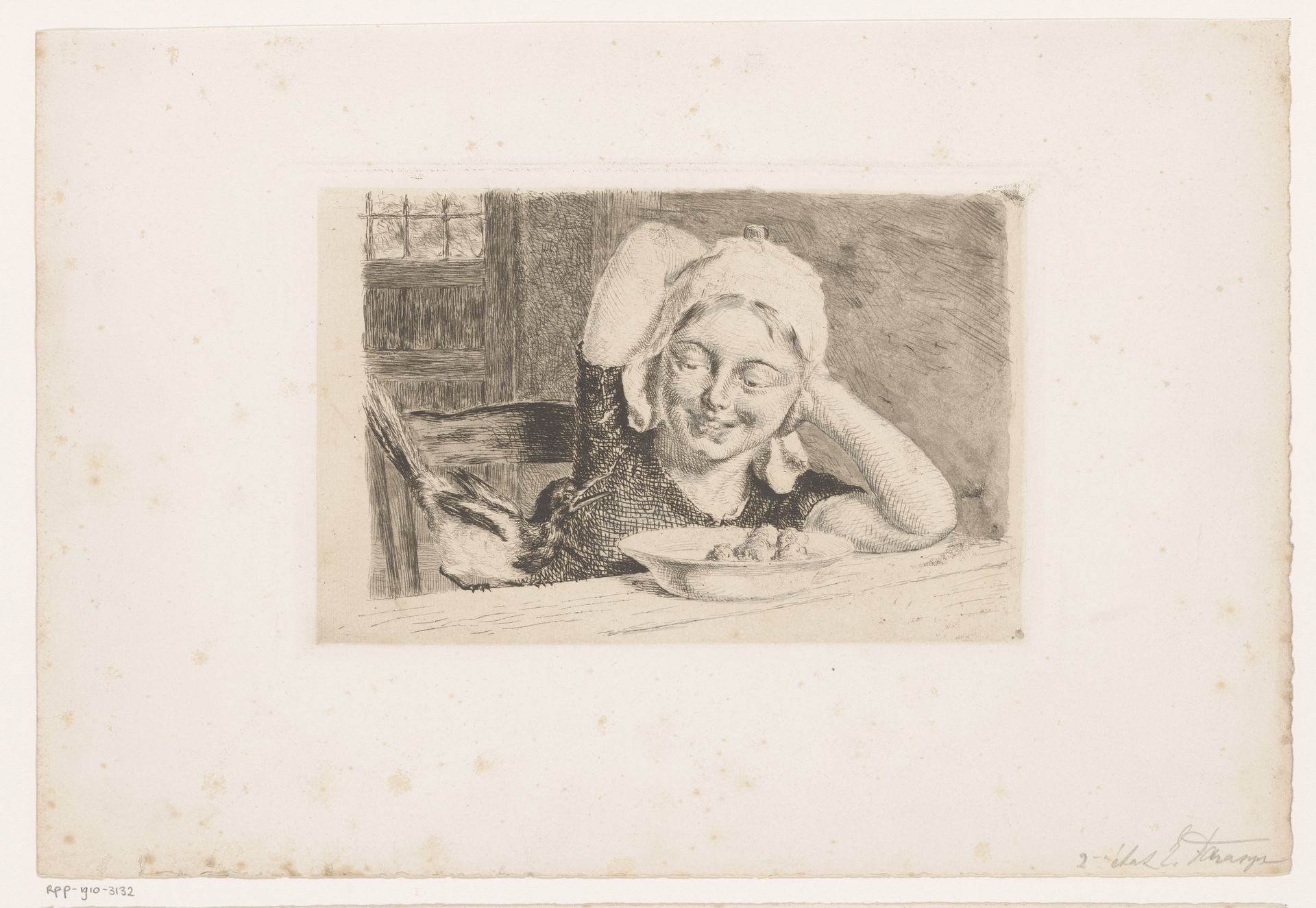 Meisje aan een tafel met een bord eten en een ekster by Edgard Farasyn