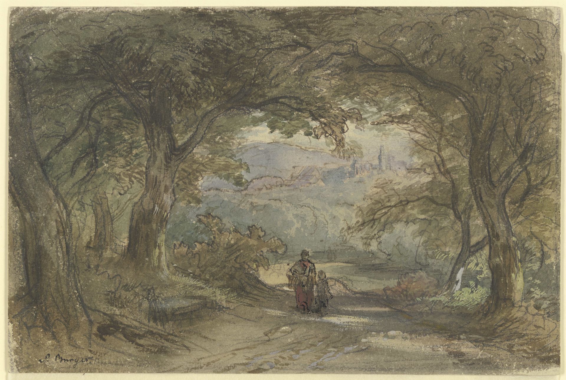 Waldweg mit Ausblick auf ein Dorf by Anton Burger