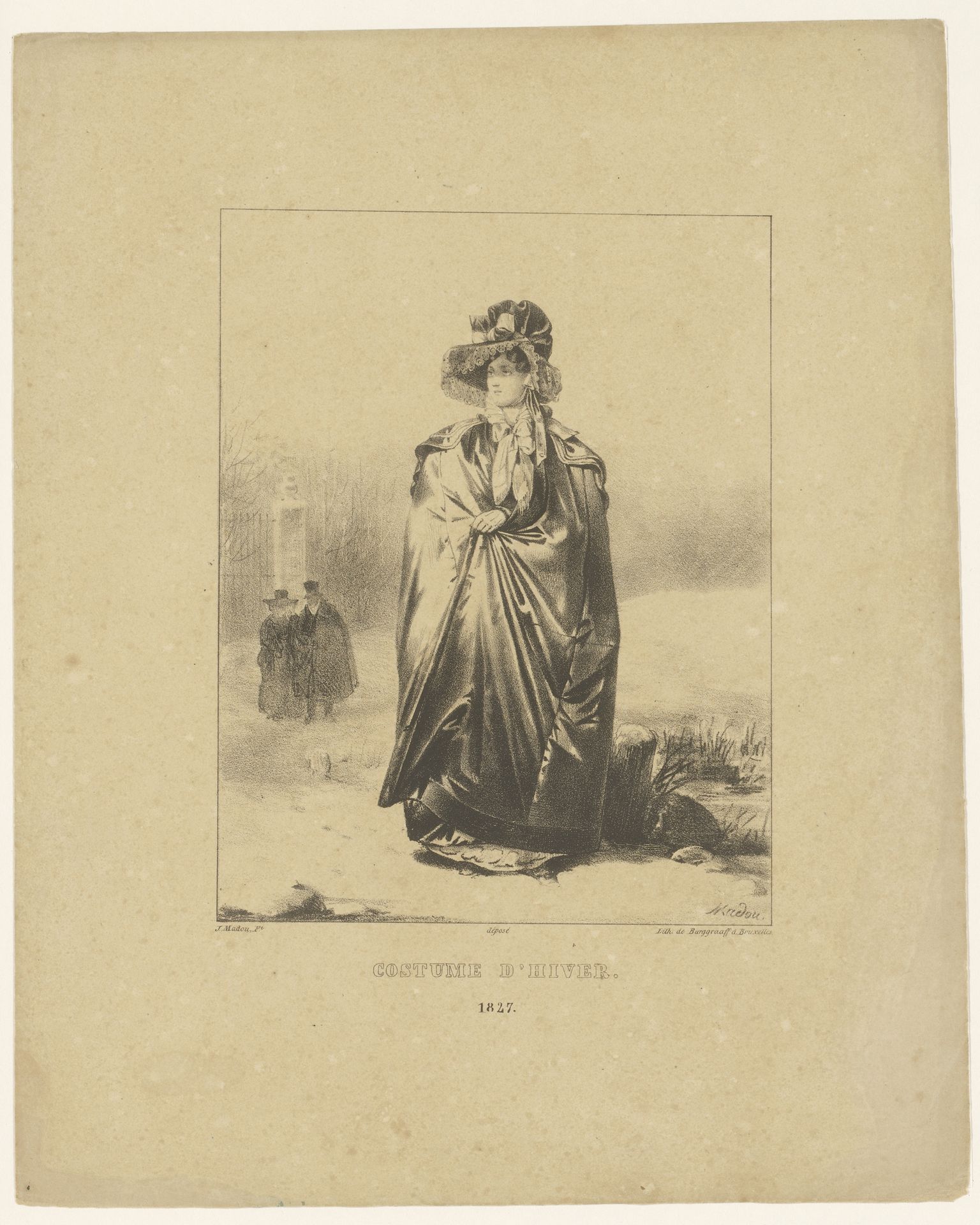 Jonge vrouw met mantel en hoed loopt door een winterlandschap by Jean-Baptiste Madou