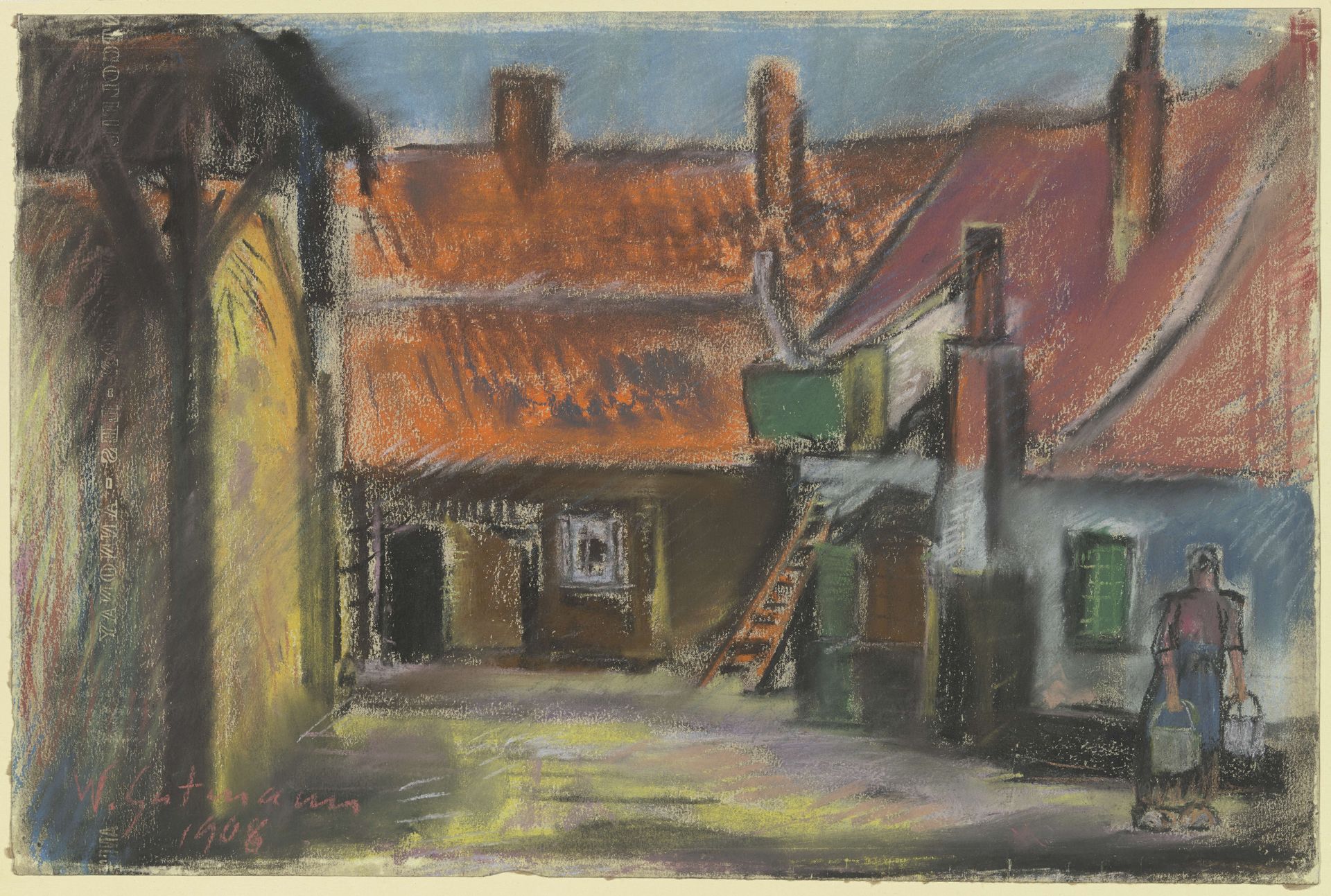 Holländischer Bauernhof mit Wasserträgerin by Wilhelm Gutmann