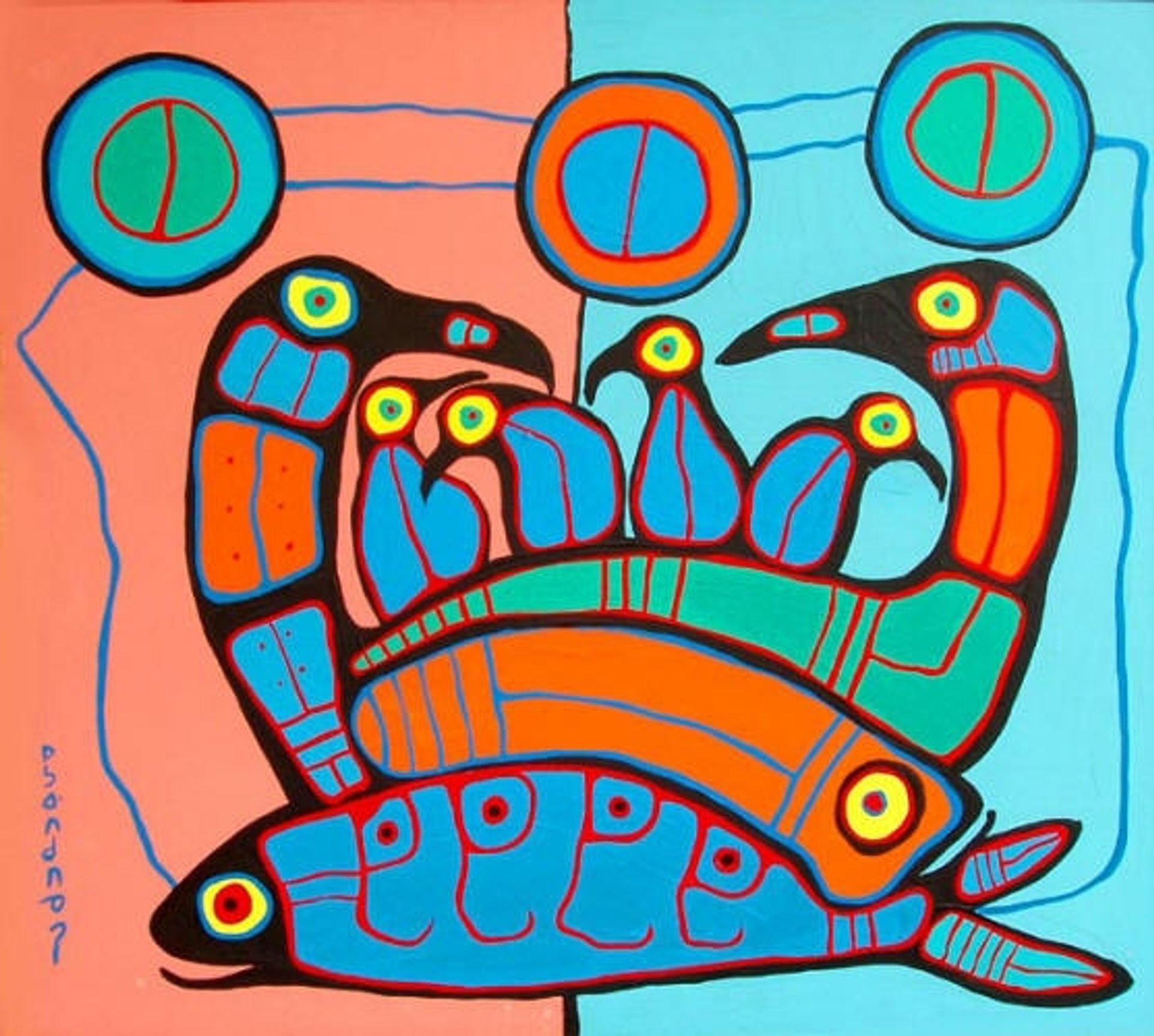 Bird Family with Fish by Norval Morrisseau