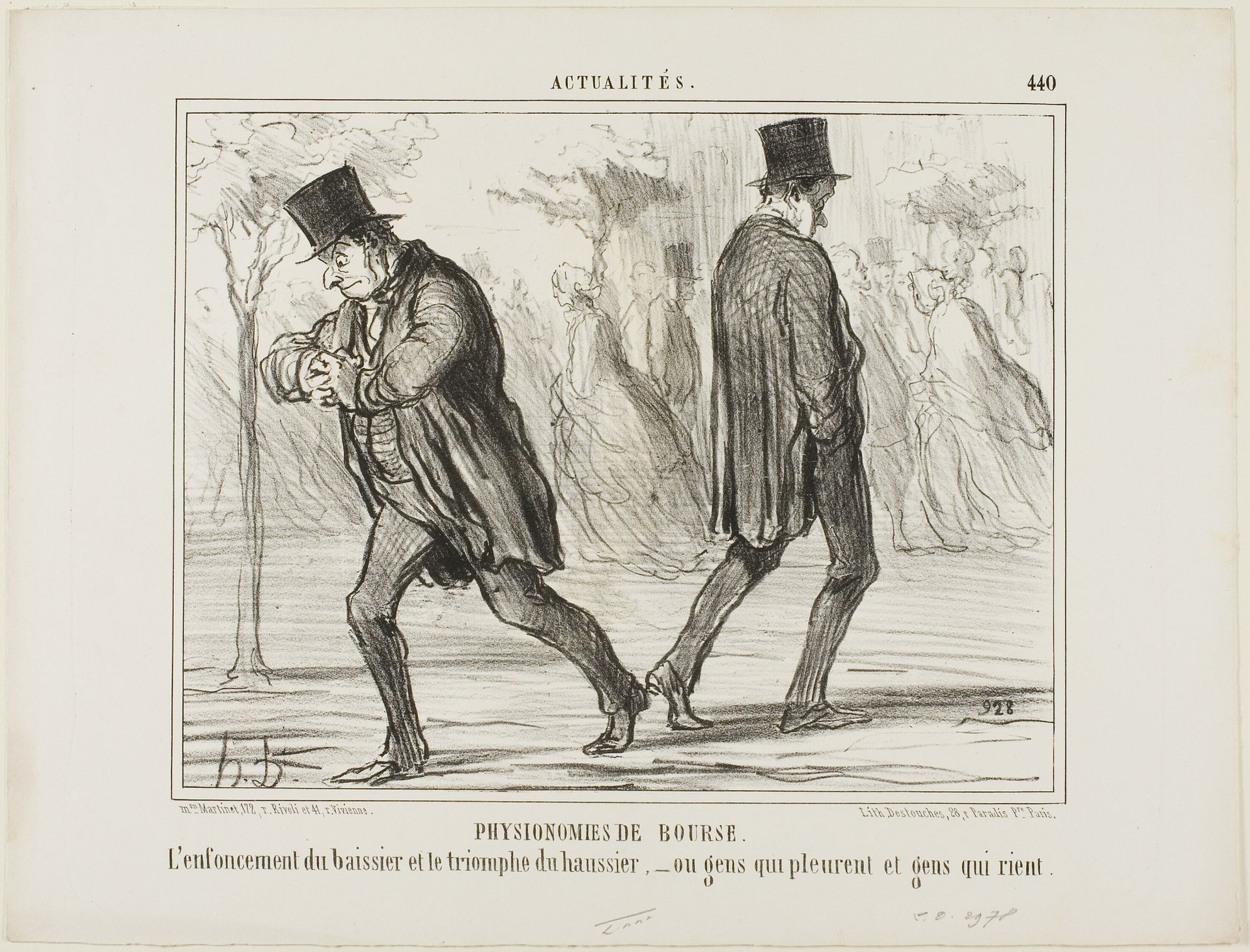 Physiognomy of the Stock Exchange. The despair of the baissier and the triumph of the haussier - or crying and laughing, plate 440 from Actualités by Honoré Daumier