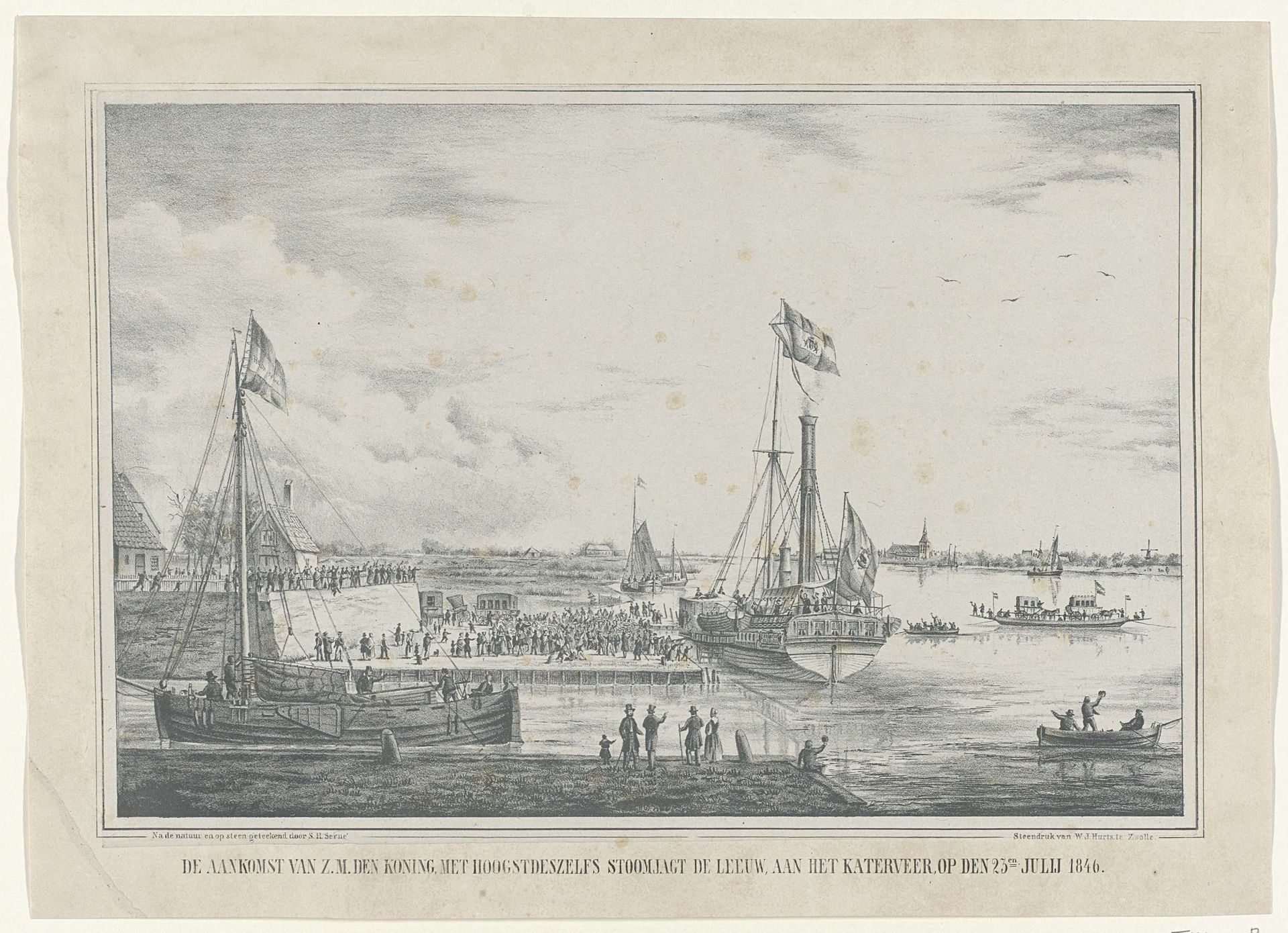 De aankomst van Z.M. den Koning met hoogstdeszelfs stoomjagt De Leeuw, aan het Katerveer, op den 23.en julij 1846 by Samuel Hendrik Serné
