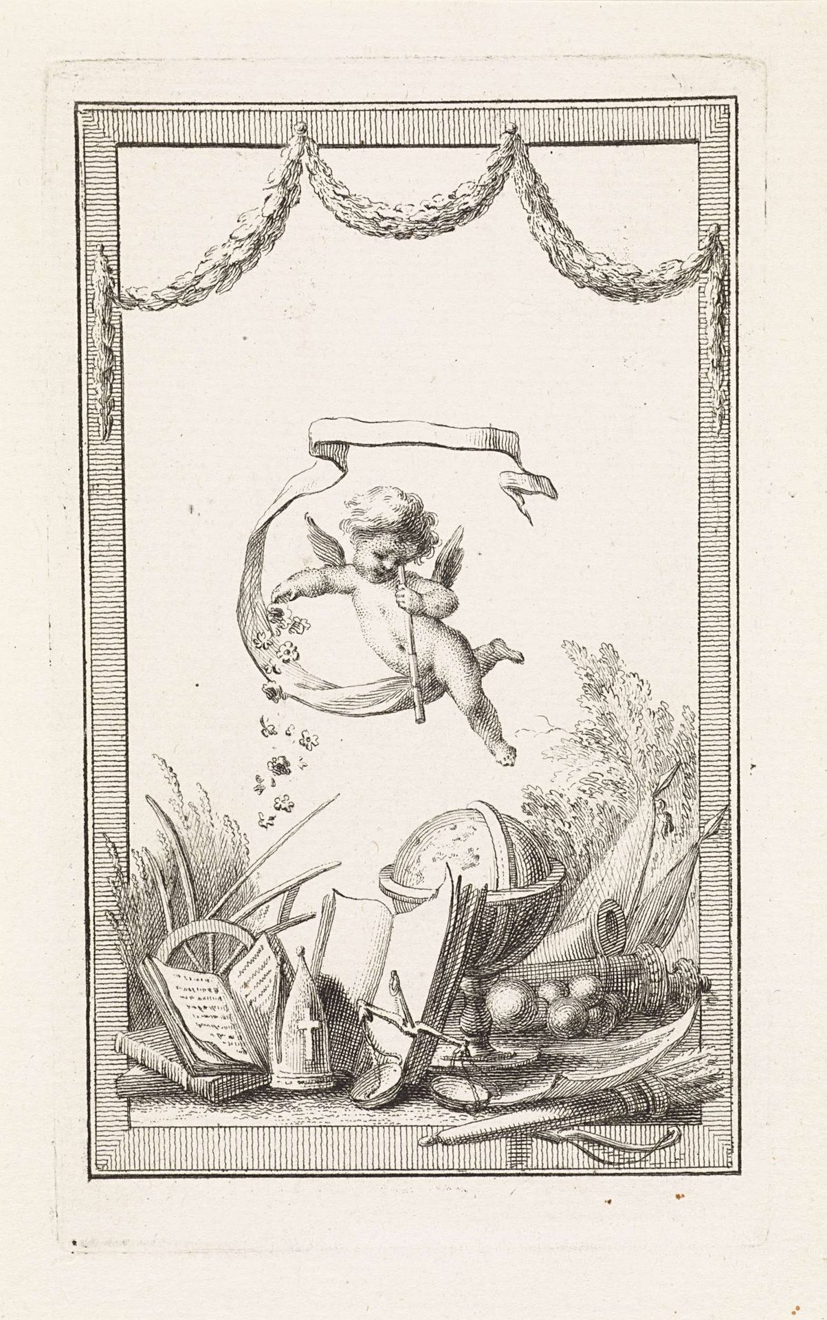 Putto strooit bloemen over allegorische attributen by Reinier Vinkeles
