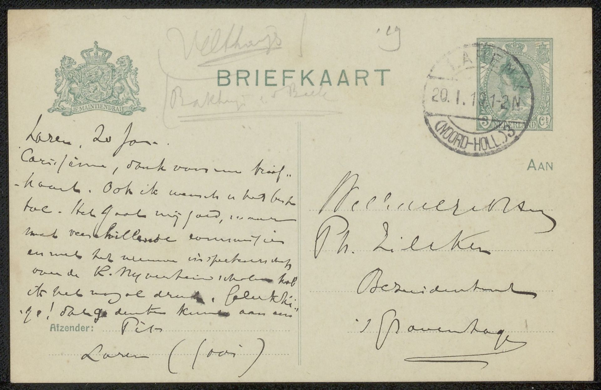 Briefkaart aan Philip Zilcken by Adriaan Pit