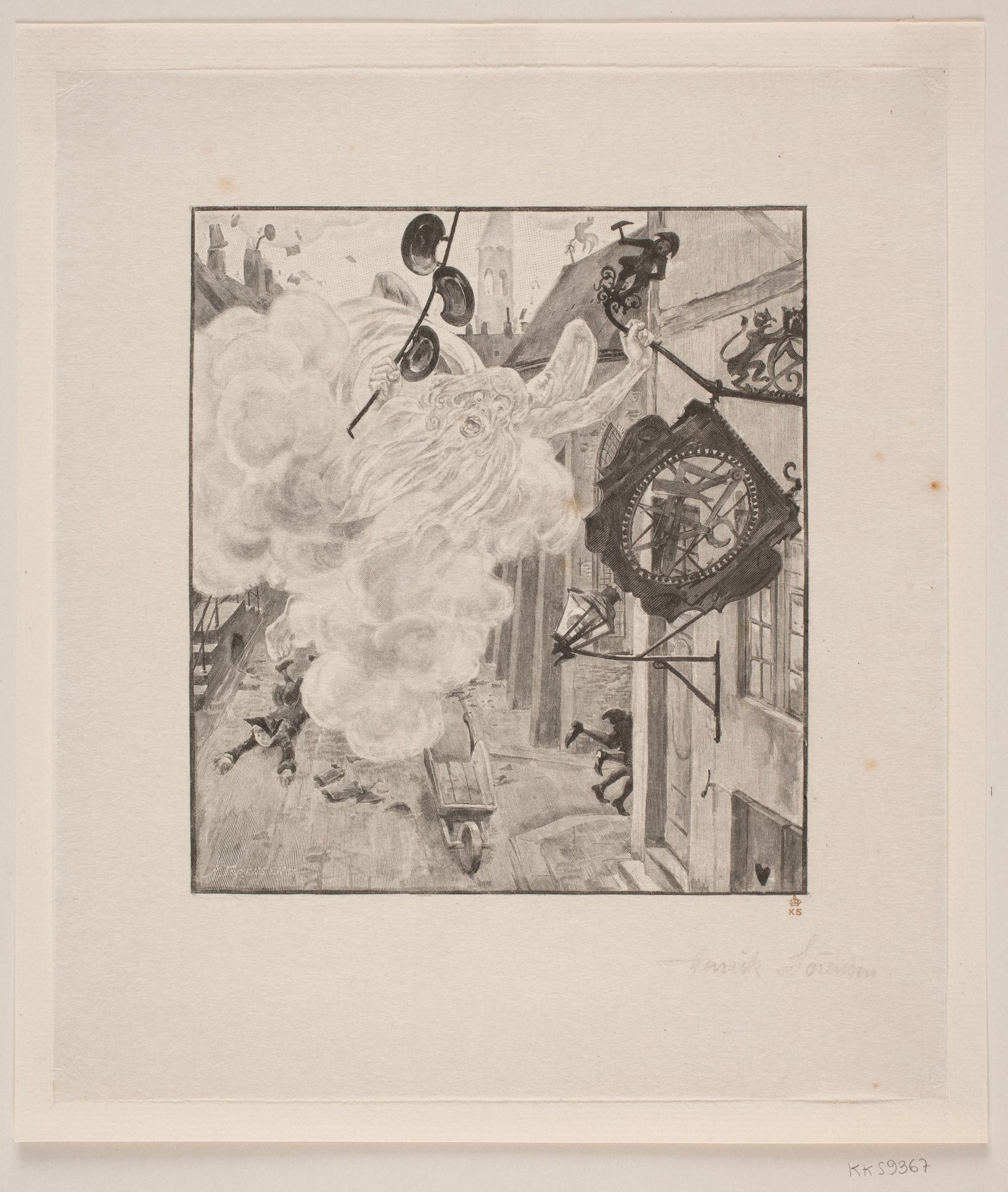 Illustration til H. C. Andersen: "Stormen flytter skilt" by Henrik Arnold Hamilkar Sørensen