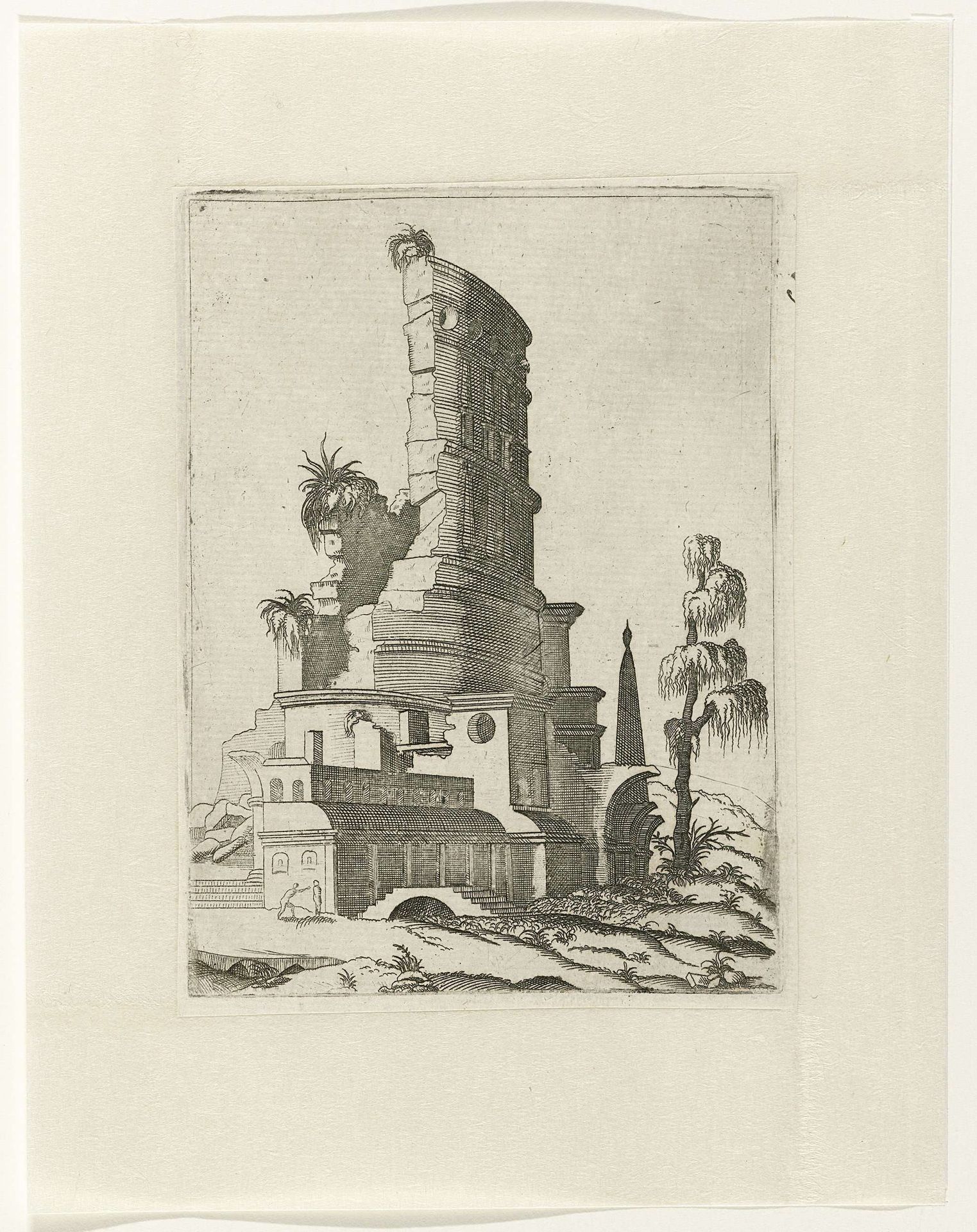 Landschap met ruïne en een boom rechts by Lambertus Suavius