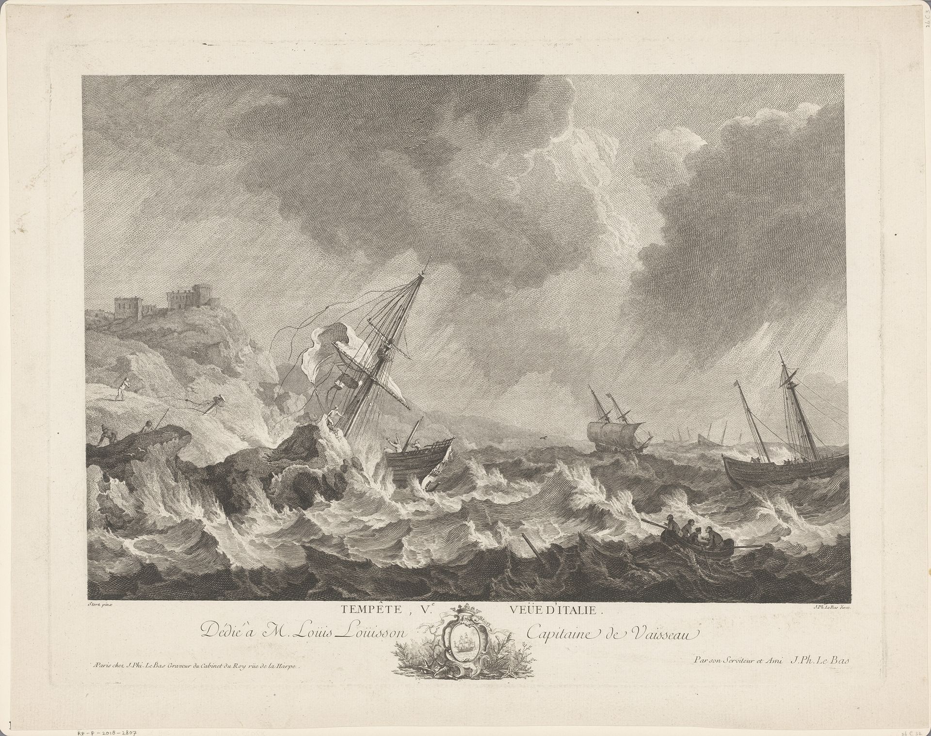 Zeegezicht met schipbreuk bij storm by Jacques Philippe Le Bas