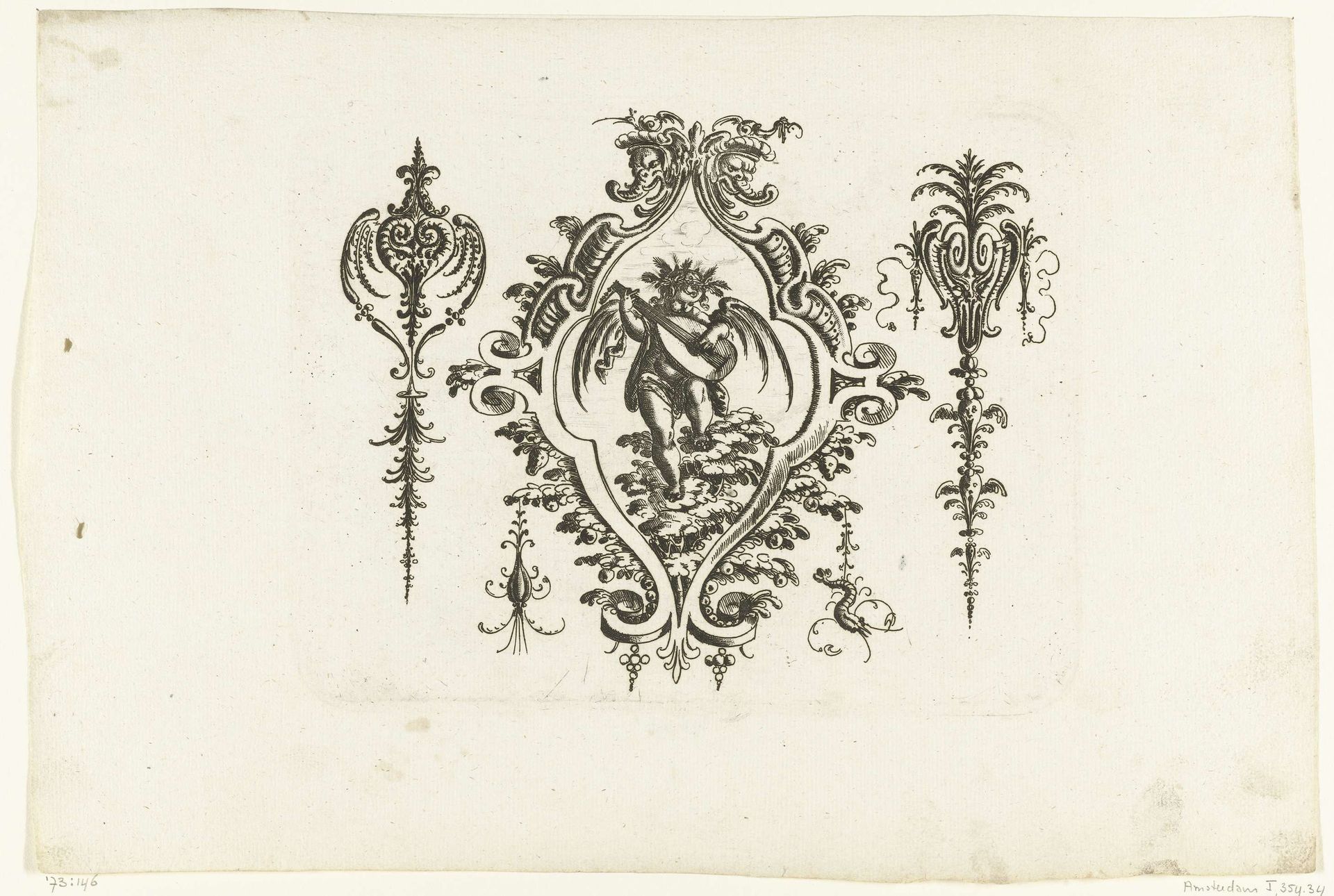 Cartouche met een luitspelende putto by Christoph Jamnitzer