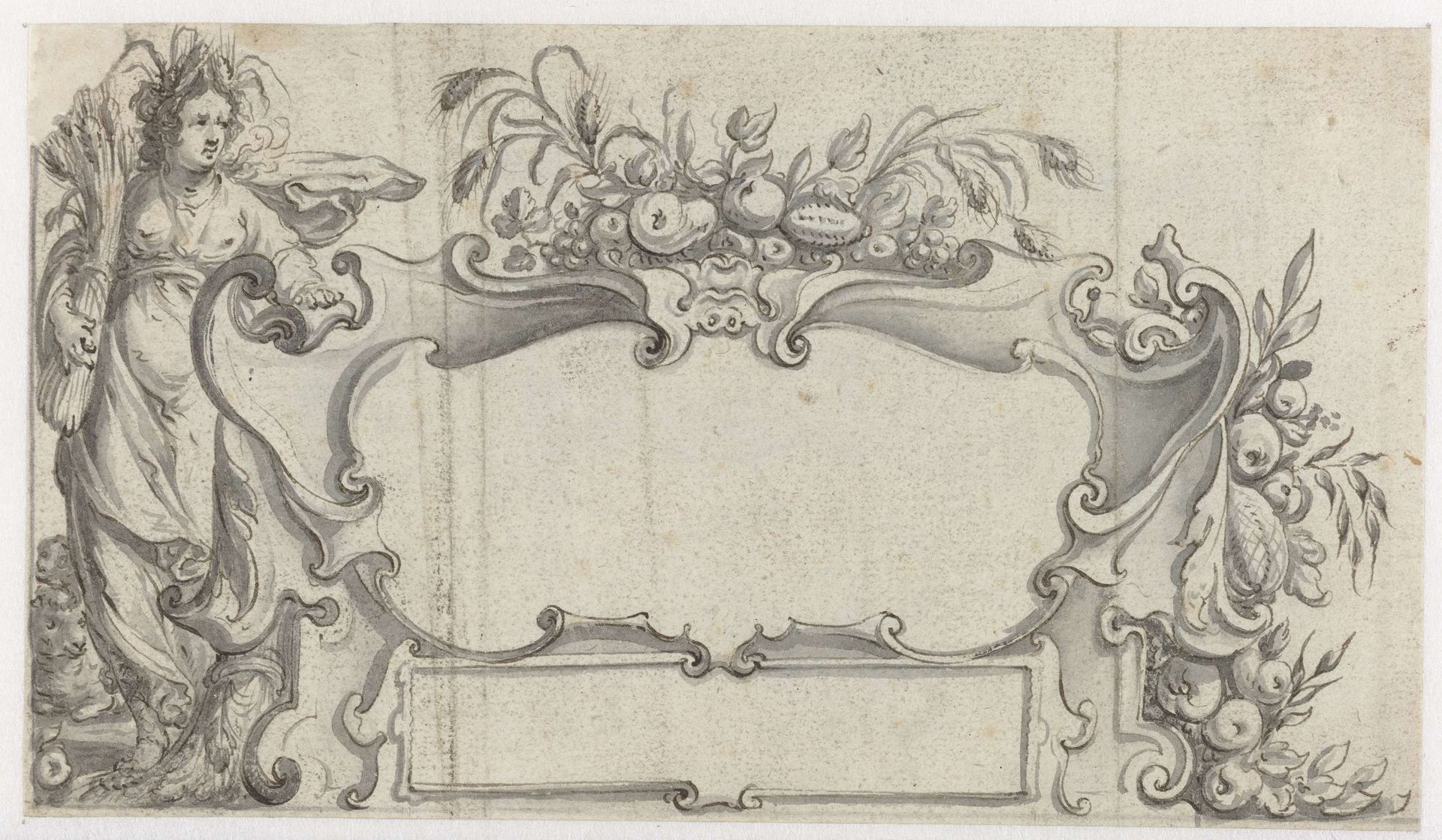Cartouche omgeven door gewassen en een vrouw by Pieter Jansz.