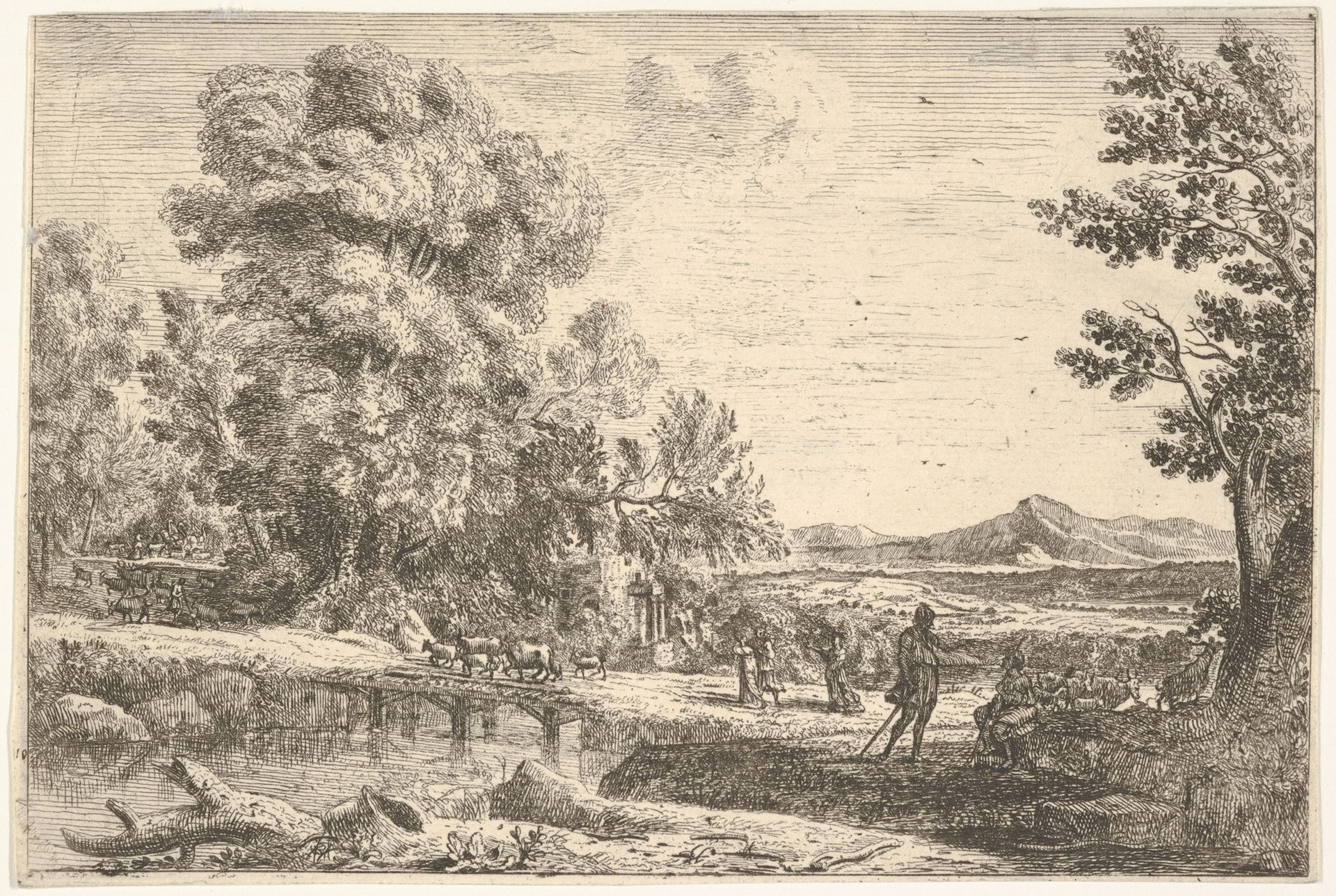 Rebecca and Eliezer taking leave of her father, Bethuel, set in a landscape, a large tree to the left by Claude Lorrain