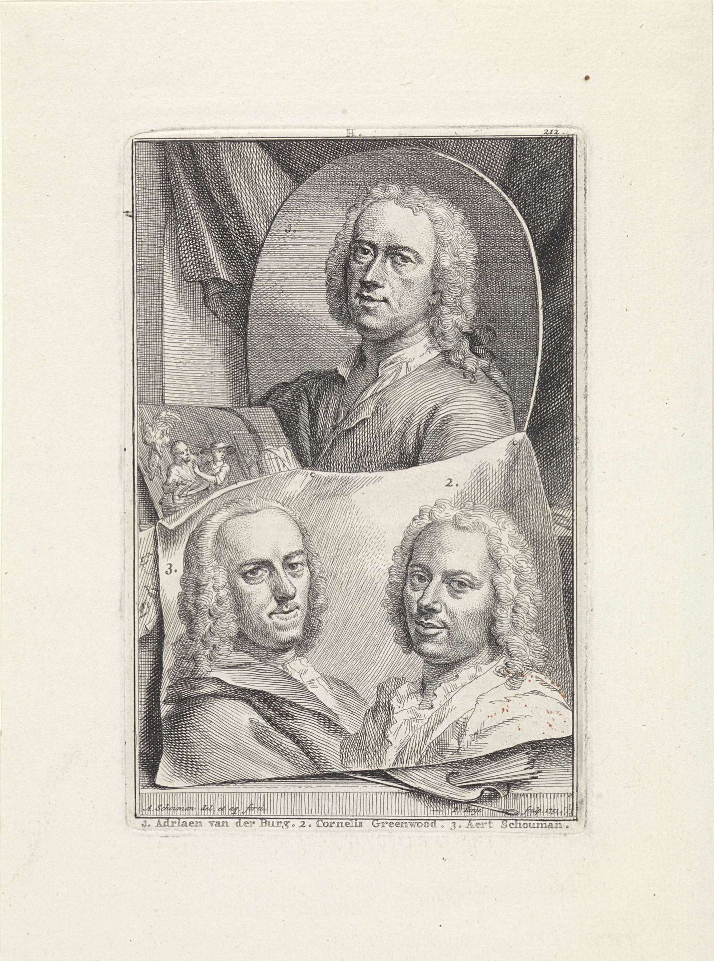 Portretten van Adriaan van der Burg, Cornelis Greenwood en Aert Schouman by Pieter Tanjé