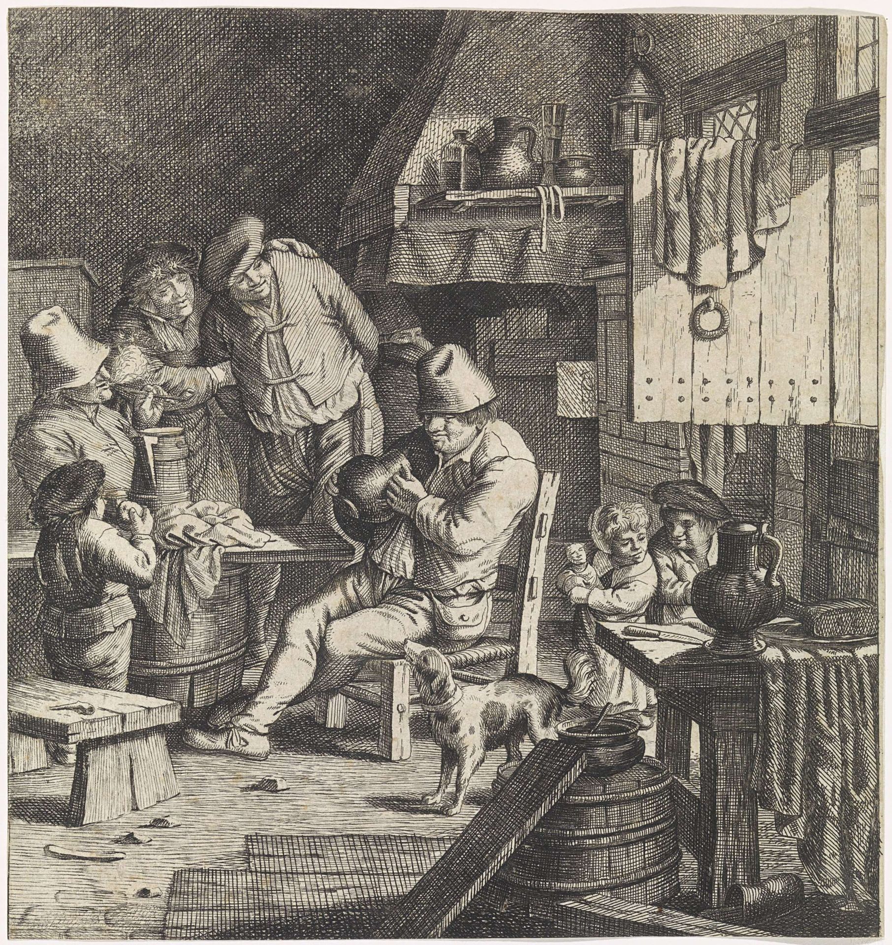 Boereninterieur met een boer met een kruik in handen by Justus van den Nijpoort