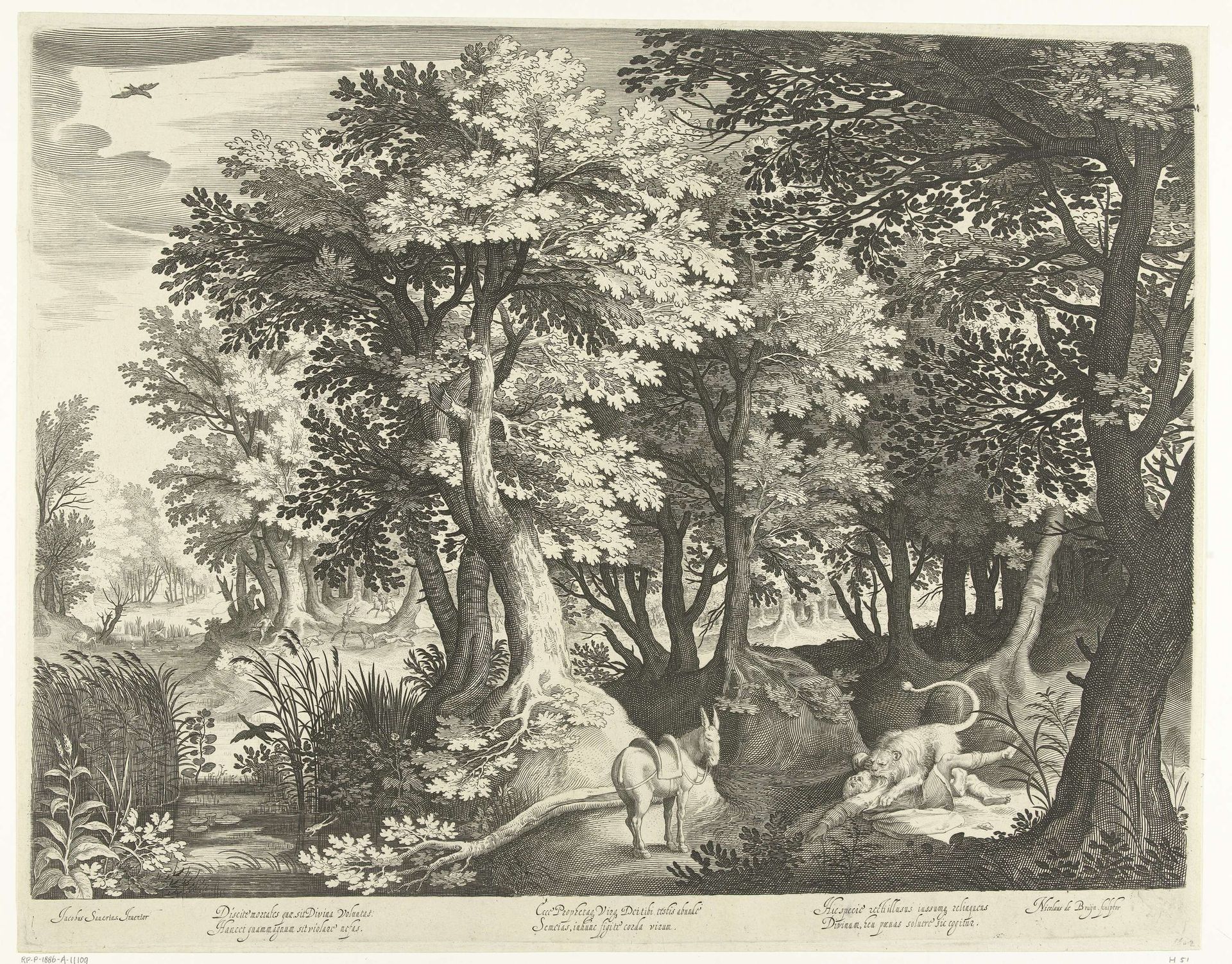 Landschap met profeet uit Juda die wordt verscheurd door een leeuw by Nicolaes de Bruyn