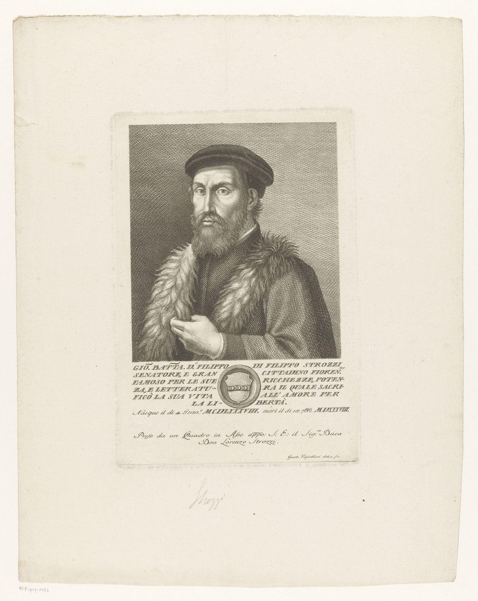 Portret van Filippo Strozzi by Gaetano Vascellini