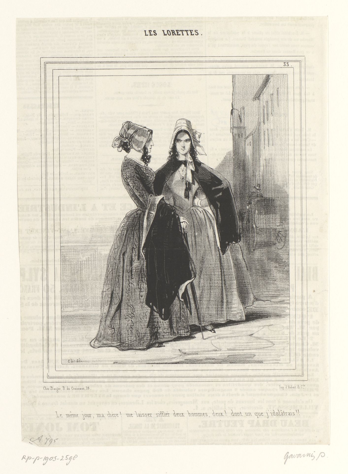 Twee vrouwen spreken elkaar op straat by Paul Gavarni