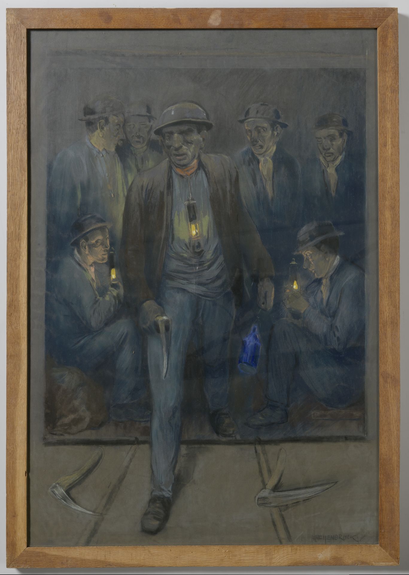 Mijnwerkers verlaten een schachtkooi by Herman Heijenbrock