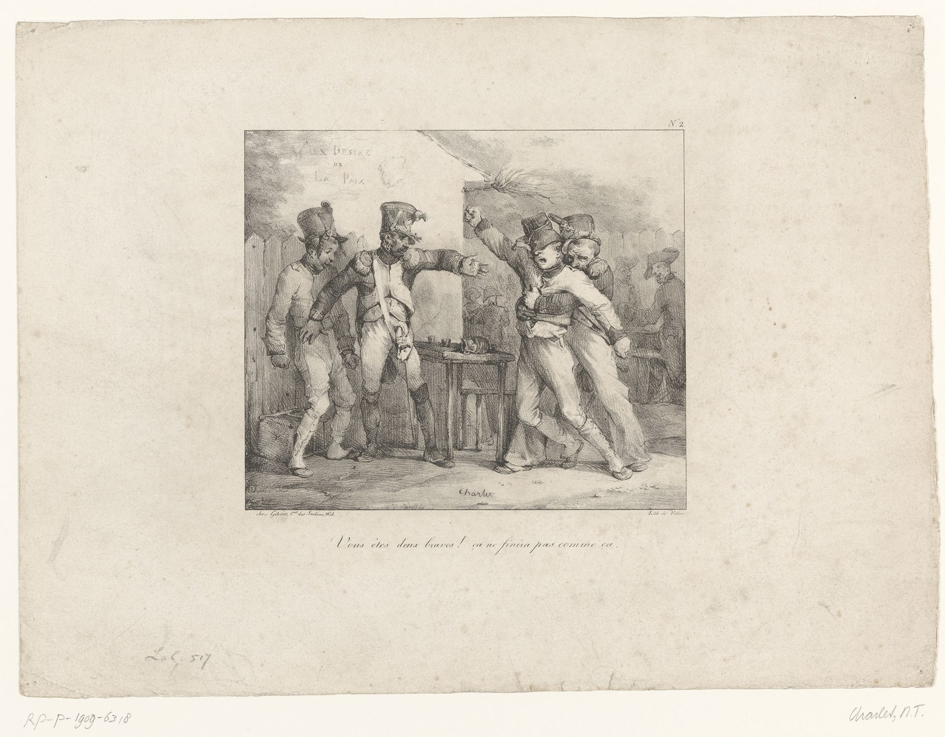 Twee oude soldaten proberen een ruzie tussen twee jongere soldaten te sussen by Nicolas Toussaint Charlet
