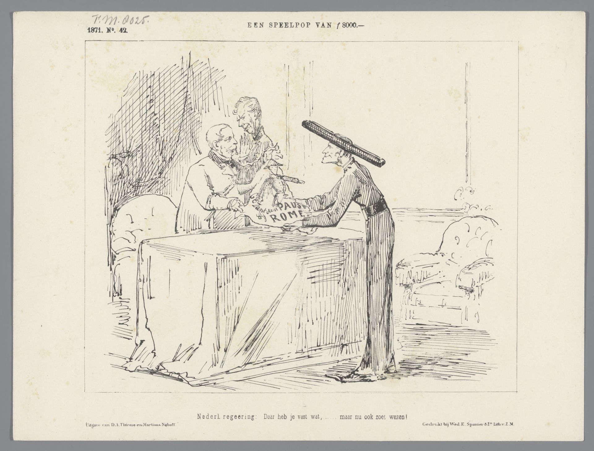 Spotprent op het behoud van het gezantschap te Rome, 1871 by Johan Michaël Schmidt Crans