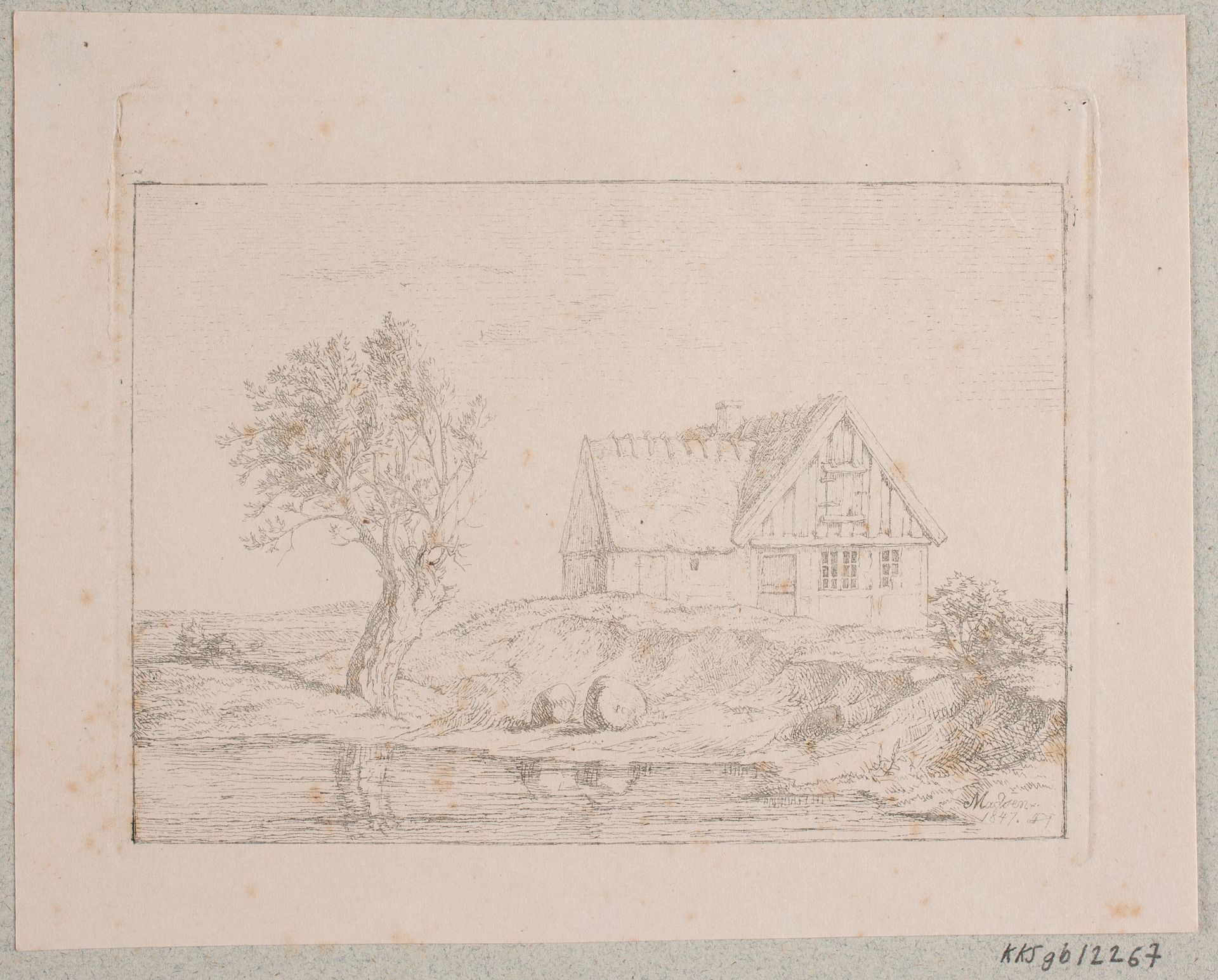 Bondehus ved et vand by Madsen, A.P.