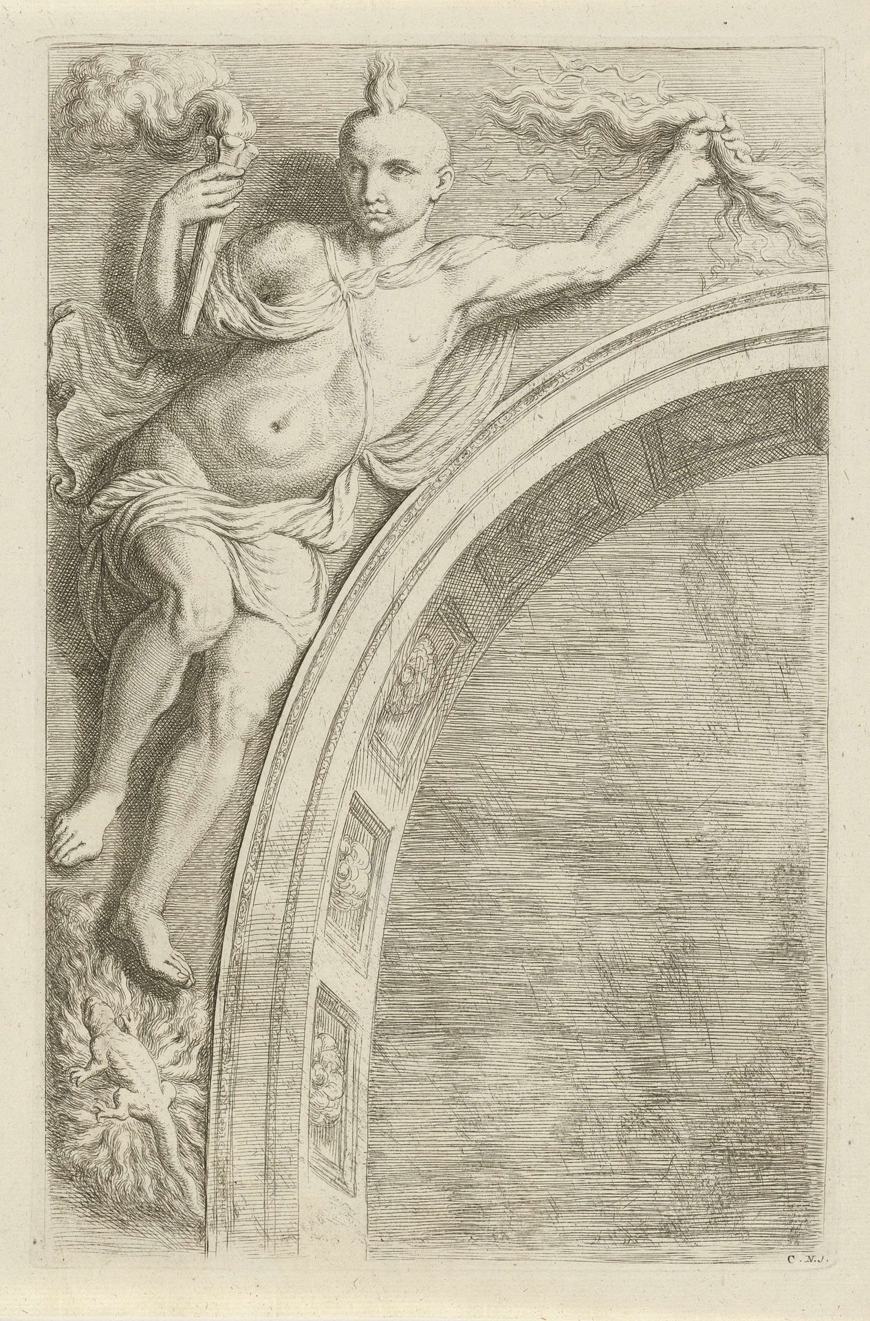 Reliëf met personificatie van het element Vuur boven boog in de Burgerzaal van het Stadhuis op de Dam by Hubert Quellinus