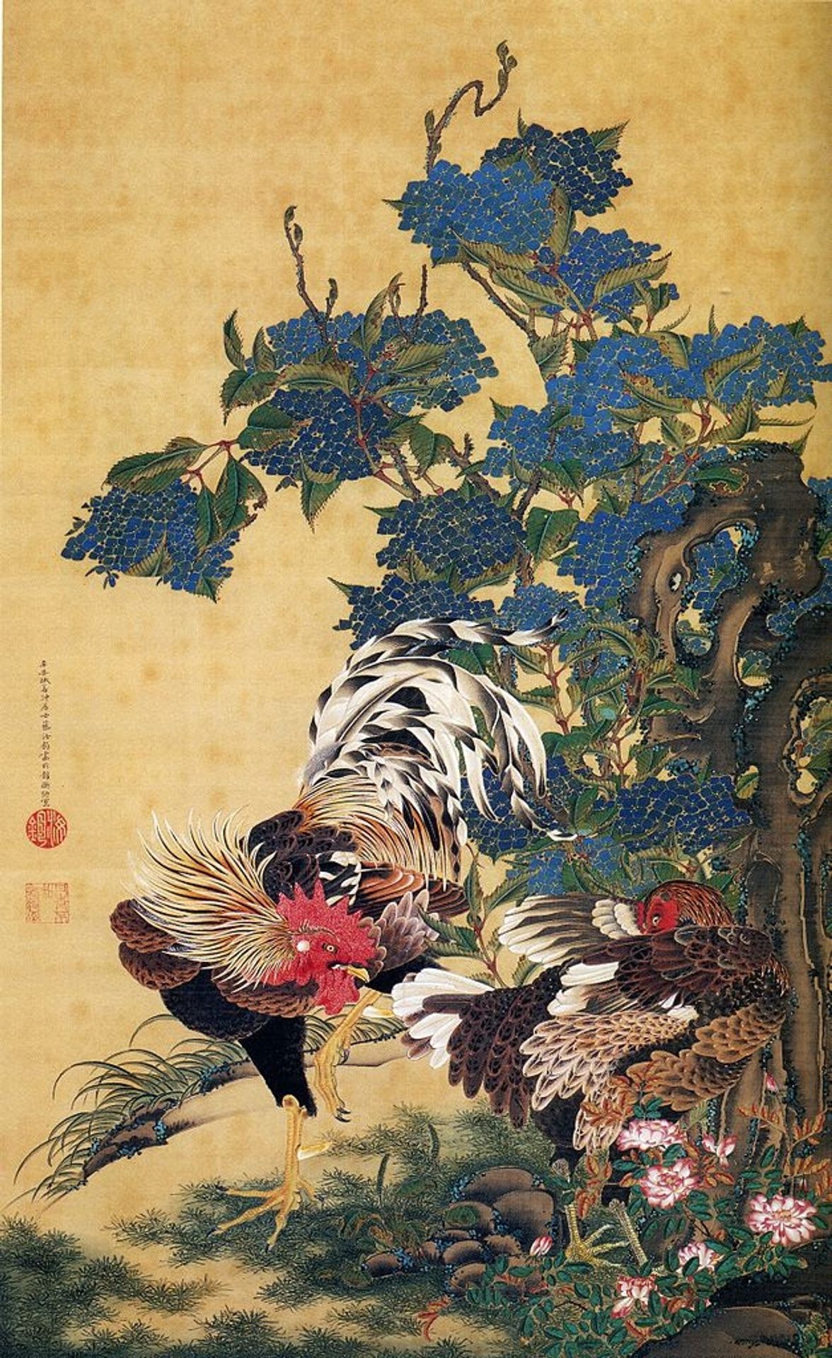 Rooster and Hen with Hydrangeas by Ito Jakuchu