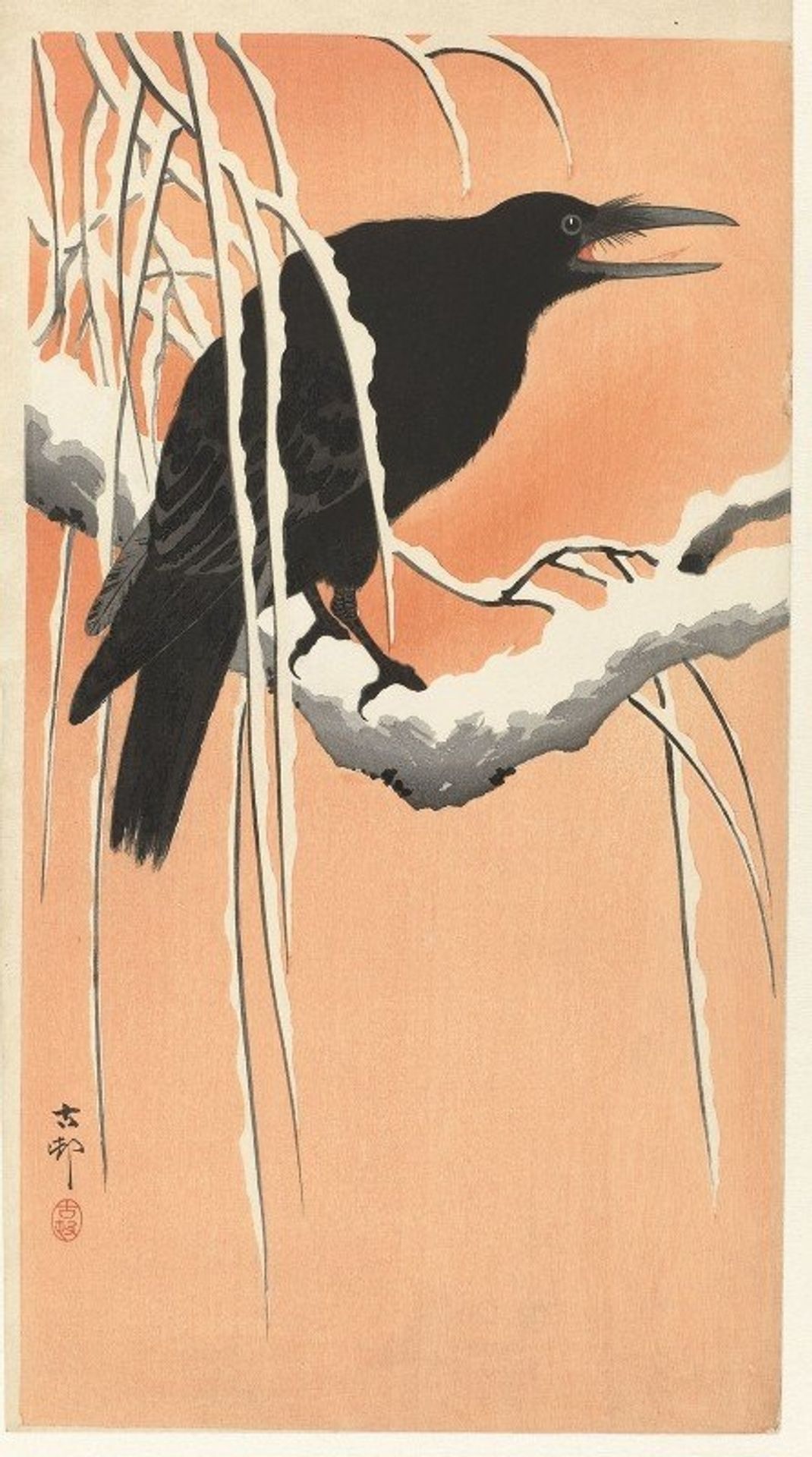 Crow on snowy branch by Ohara Koson