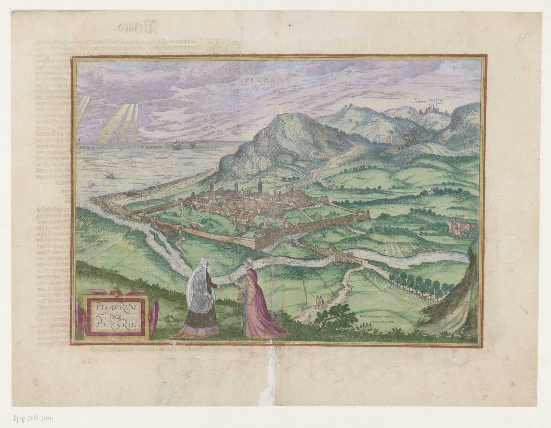 Gezicht op Pesaro te Italië by Frans Hogenberg