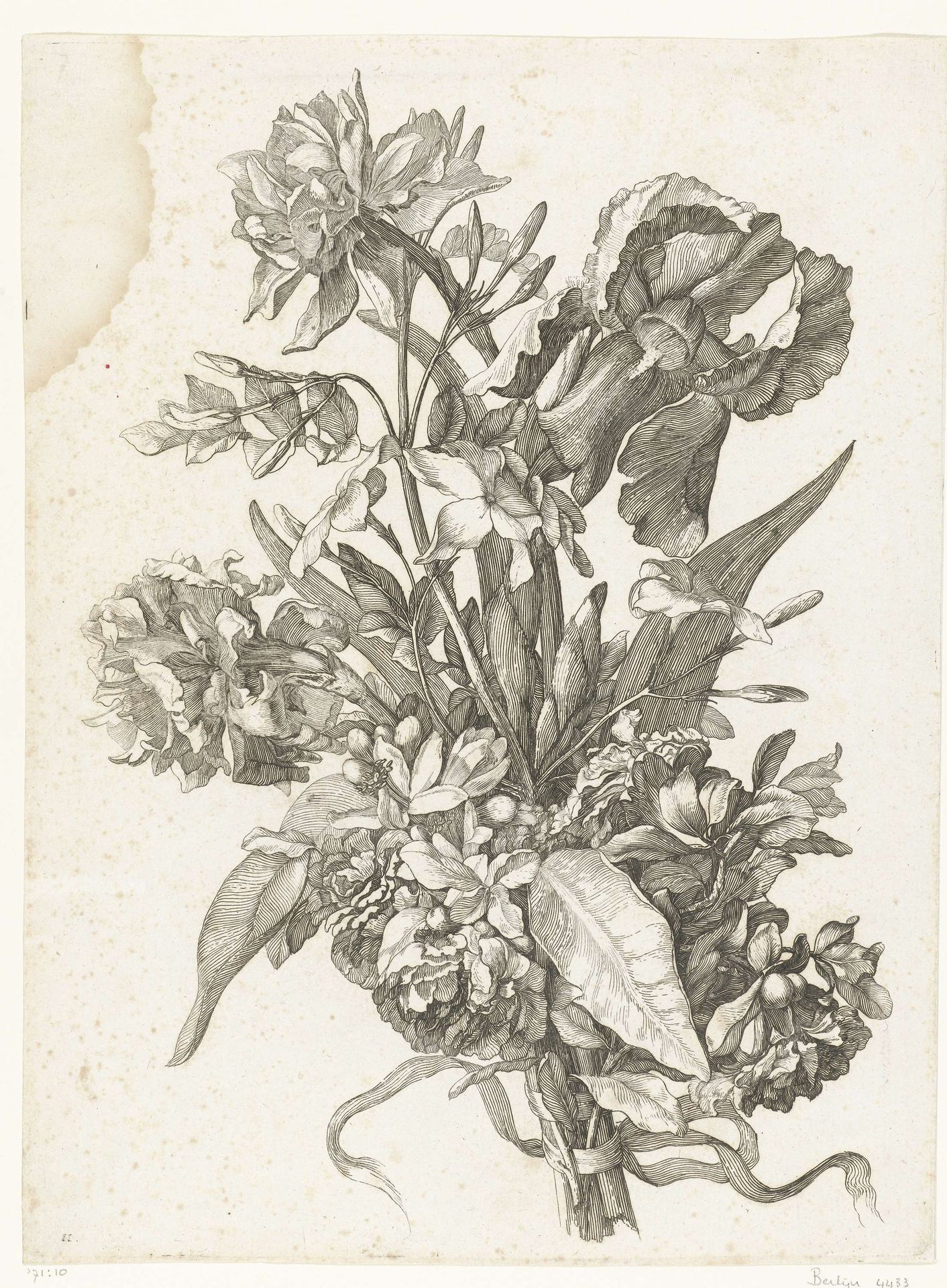 Boeket met een narcis, sinasappelbloesem of jasmijn en een iris by Jacques (I) Bailly