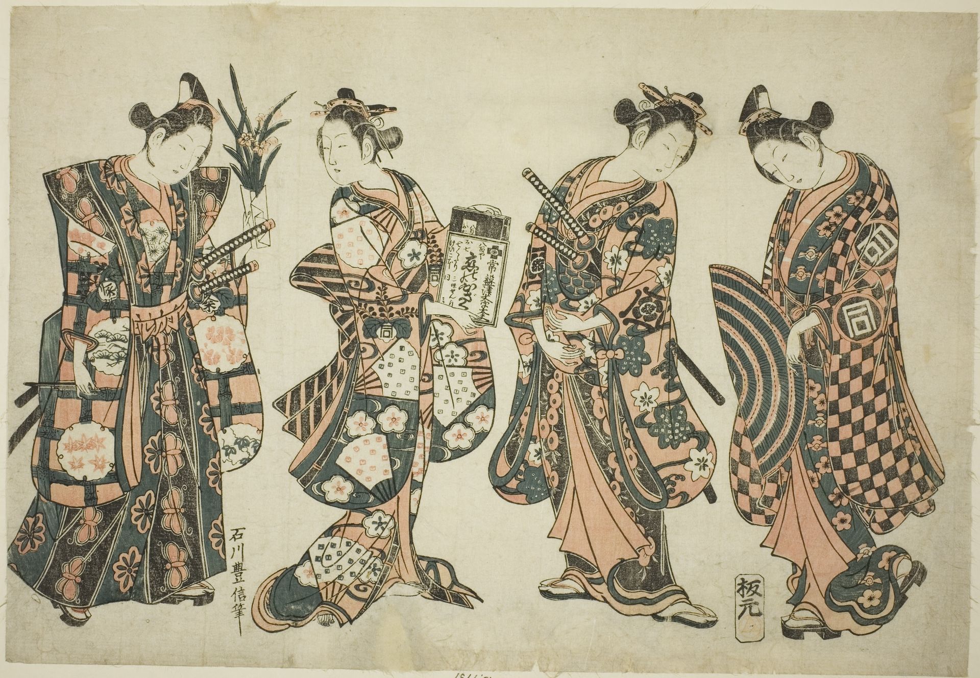 The Actors Sanogawa Ichimatsu (right), Nakamura Kiyosaburo (center right), Sanogawa Senzo (center left), and Nakamura Kumetaro (left) by Ishikawa Toyonobu
