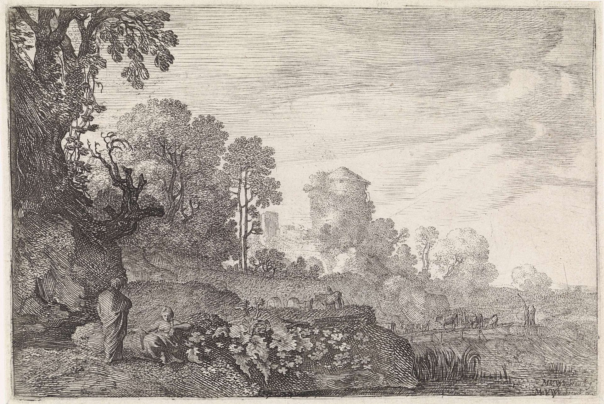 Landschap met een kudde op een brug by Moyses van Wtenbrouck