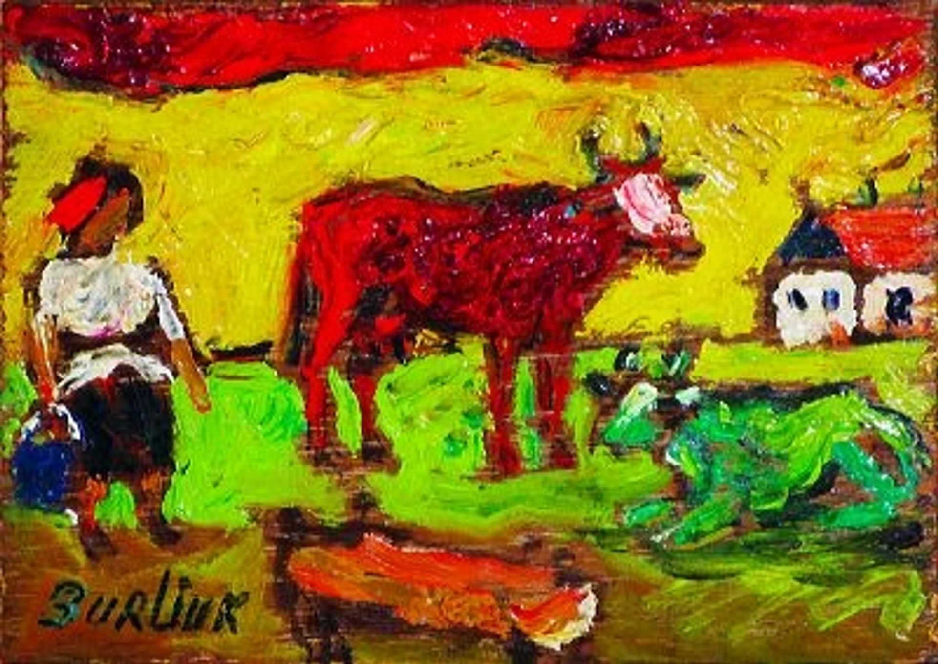 Peasant woman with red and green cows by David Burliuk